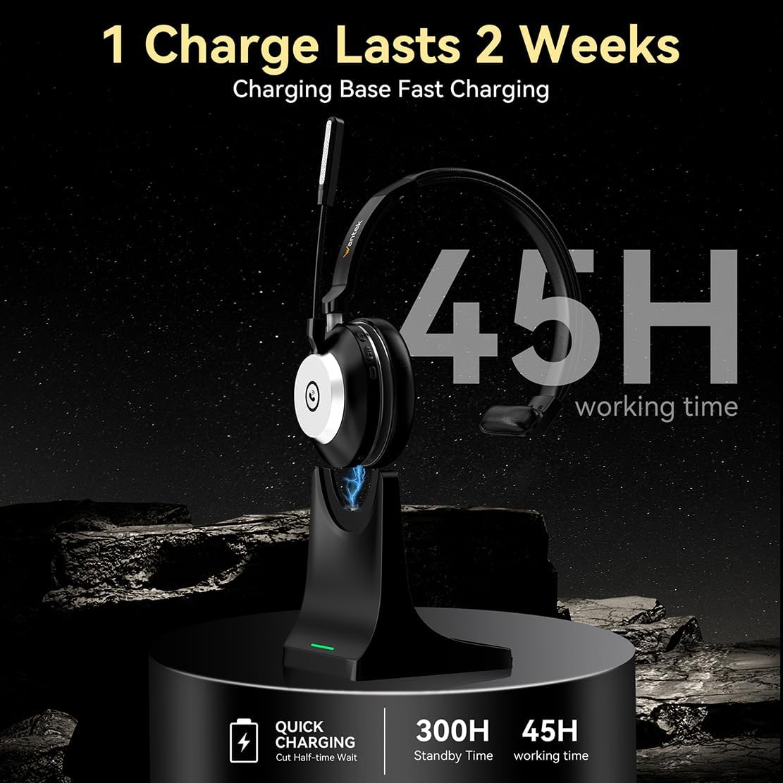 Casca Call Center Bluetooth 5.2 cu stativ de incarcare, microfon cu anulare zgomot rotativ 270°, dongle USB, buton mute, timp functionare 45h, pentru PC si smartphone, negru