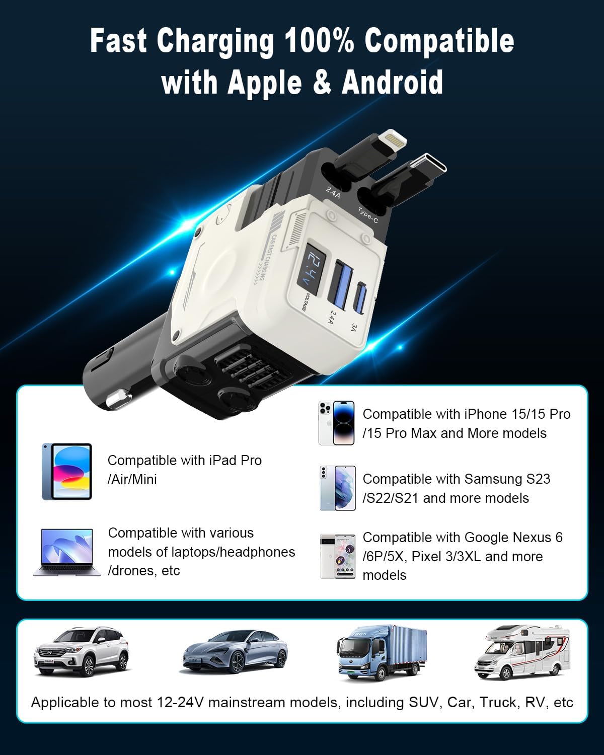 Incarcator auto 4 in 1 cu 2 cabluri retractabile 80 cm USB-C si iOS, port USB-C si USB-A, rotatie 180°, display LED, compatibil Apple si Android