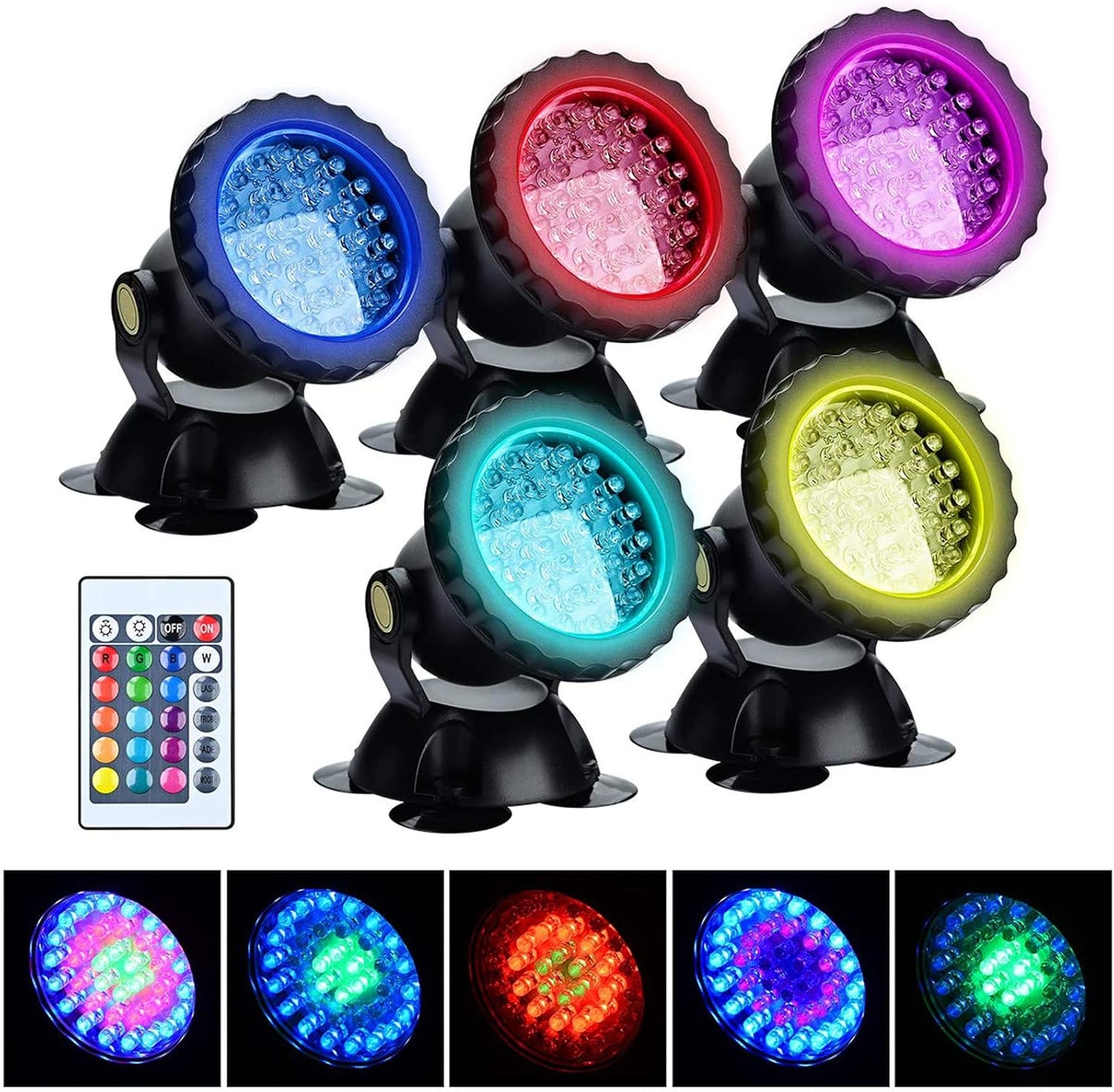 Set 5 lampi pentru gradina LED RGB, proiector cu telecomanda, impermeabile IP68, fixare prin ventuze, reglabile 180°, 10 niveluri luminozitate, 16 efecte monocromatice si 4 dinamice, pentru iaz, piscina, fantana arteziana