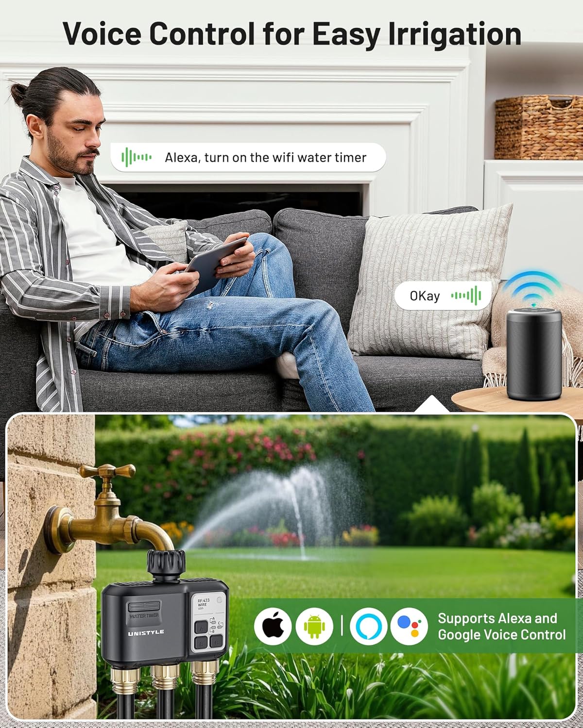 Programator de irigare/udare smart cu 3 iesiri, WiFi, 3 zone irigare, control prin aplicatie, planuri de udare, comenzi vocale prin Alexa si Google Voice Control, compatibil Android si iOS
