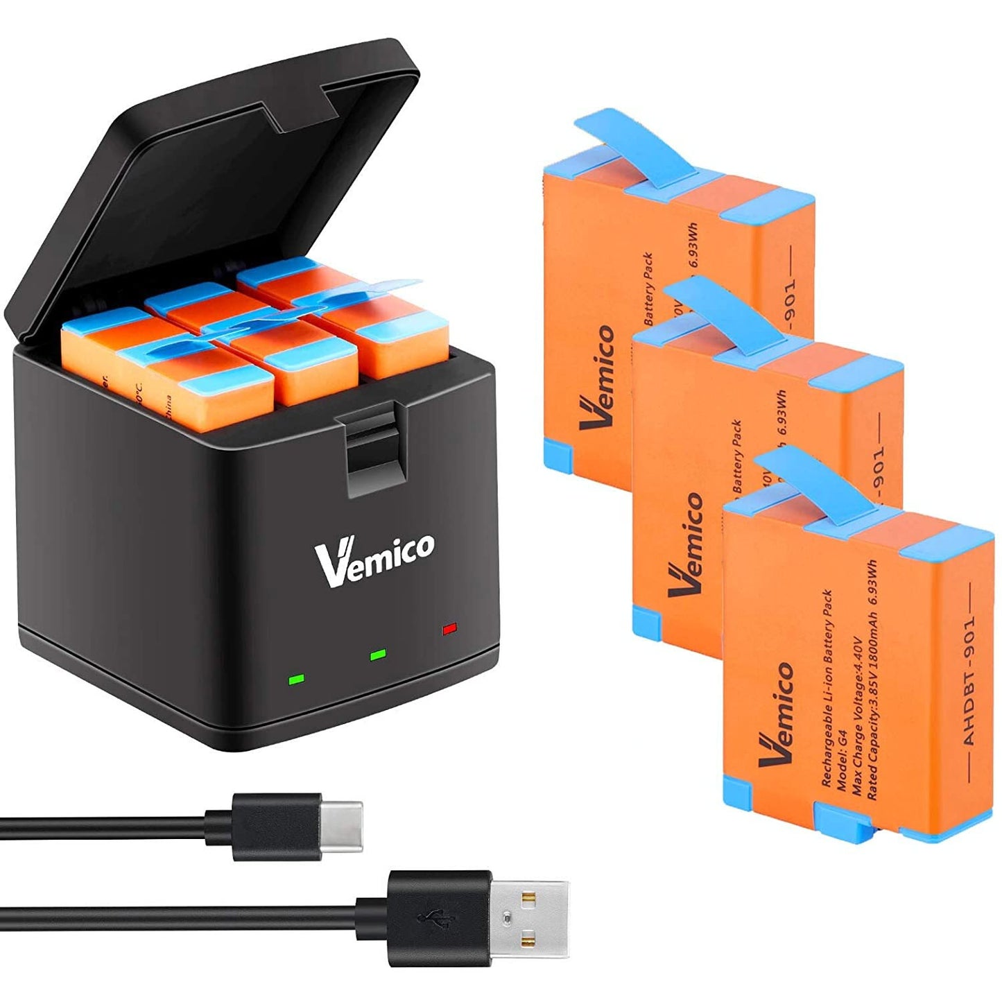 Set 3 Acumulatori 1800 mAh + incarcator pentru GoPro Hero 9 , Vemico G4