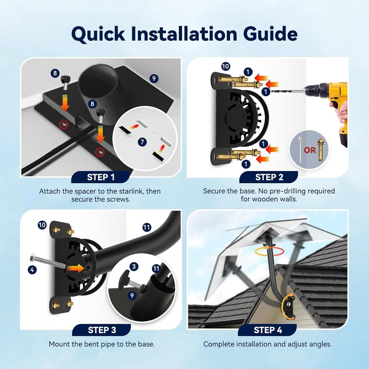 Suport pentru antena StarLink Gen 3, montura ajustabila 360°, cu accesorii de fixare, stabila si durabila, din metal, neagra