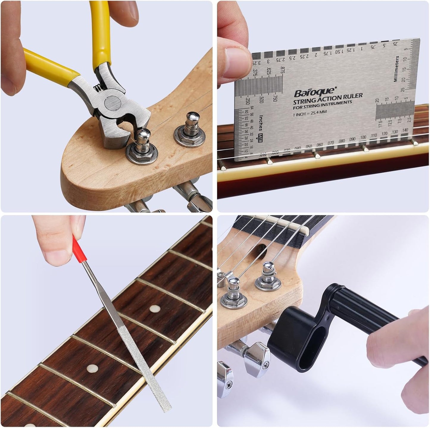 Kit reparatii chitara, 72 piese cu chei inbus, cleste, infasuratori de corzi, pile, surubelnita si accesorii pentru chitara acustica, Ukulele, Bas, Mandolina, Banjo