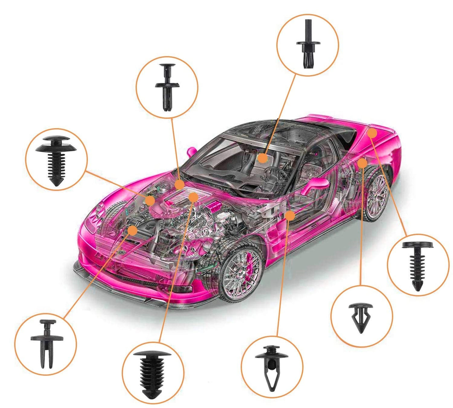 Set profesional 715 piese cleme auto de fixare universale, clipsuri caroserie 660 buc + 6 unelte demontare + coliere plastic + garnituri burete, compatibil BMW, Mercedes, Toyota, Honda, Nissan, Mazda, Jeep, kit complet reparatii si tapiterie auto