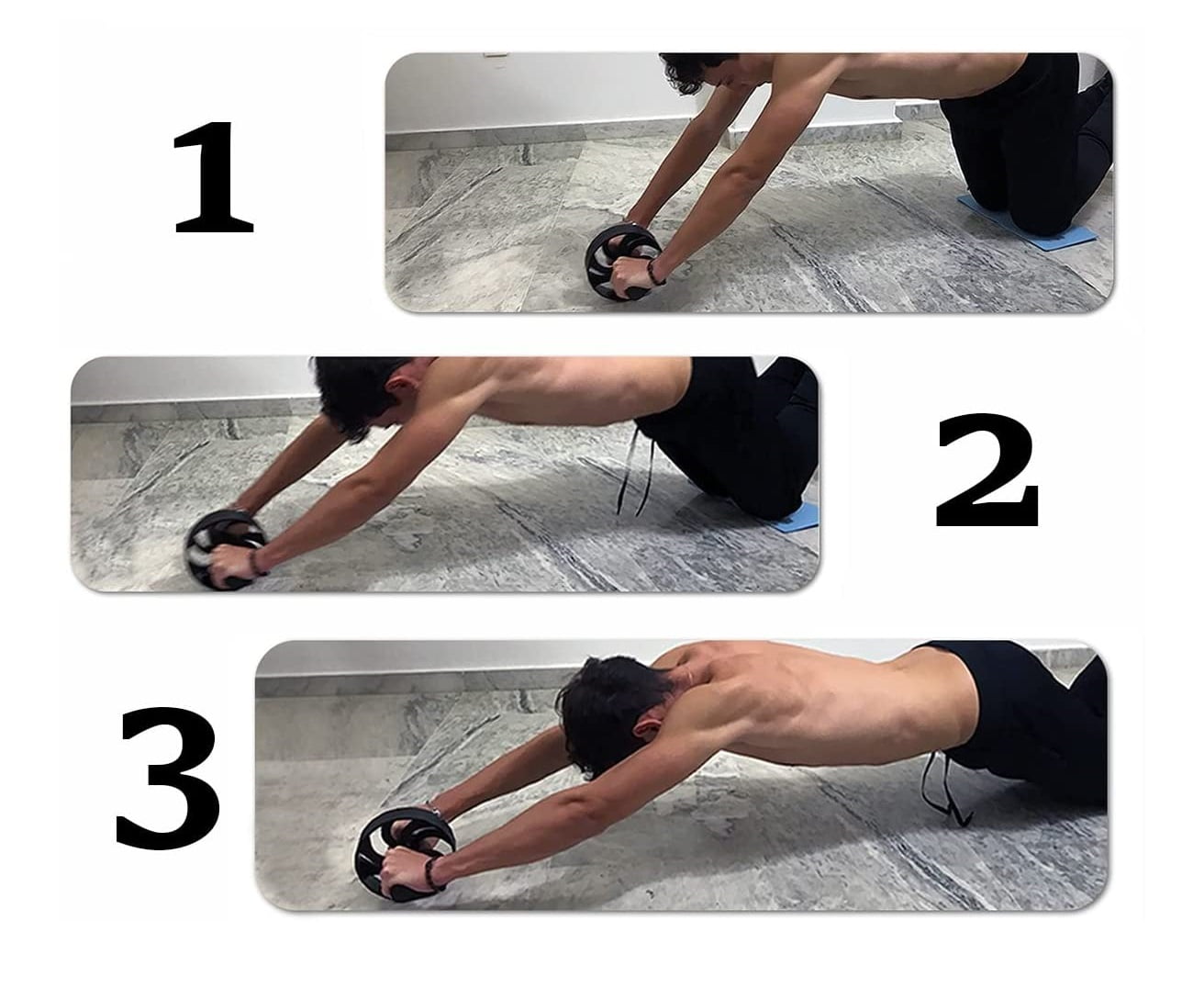 Set de fitness 7 in 1 cu roata abdomene Ab roller, covoras, discuri anti-alunecare, manere flotari, 3 benzi elastice, aparat extensor, coarda de sarit si saculet transport