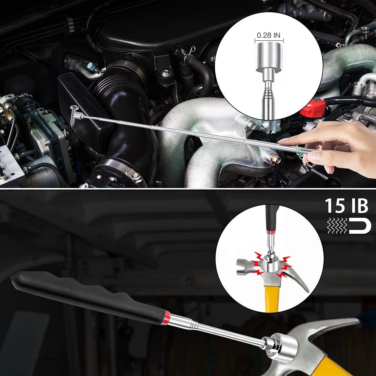 Set recuperator magnetic 5 piese, cu recuperatoare telescopice, oglinda rotunda, oglinda patrata cu lumina si lanterna LED telescopica
