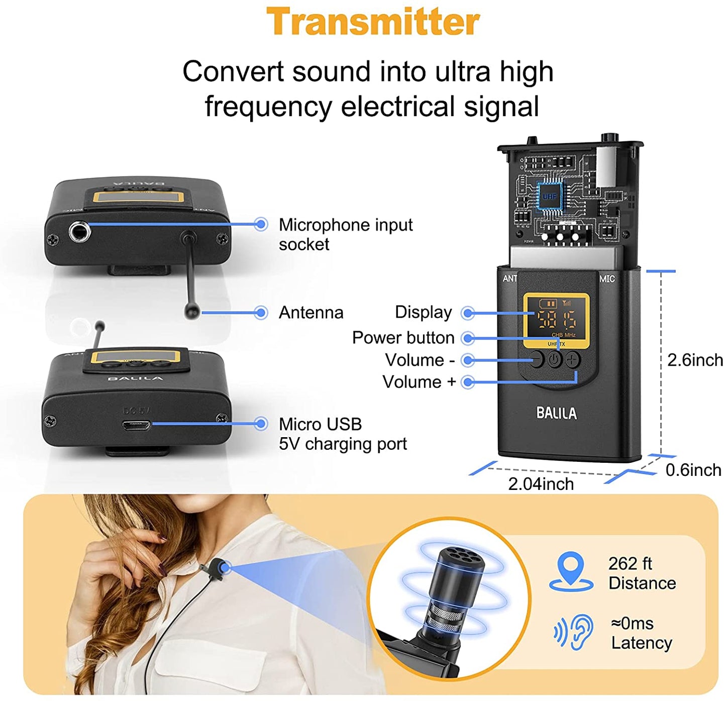 Microfon lavaliera wireless UHF cu ecran LCD, 1 transmitator si 1 receptor, 20 canale, reincarcabil, pentru Android, IOS, camera video