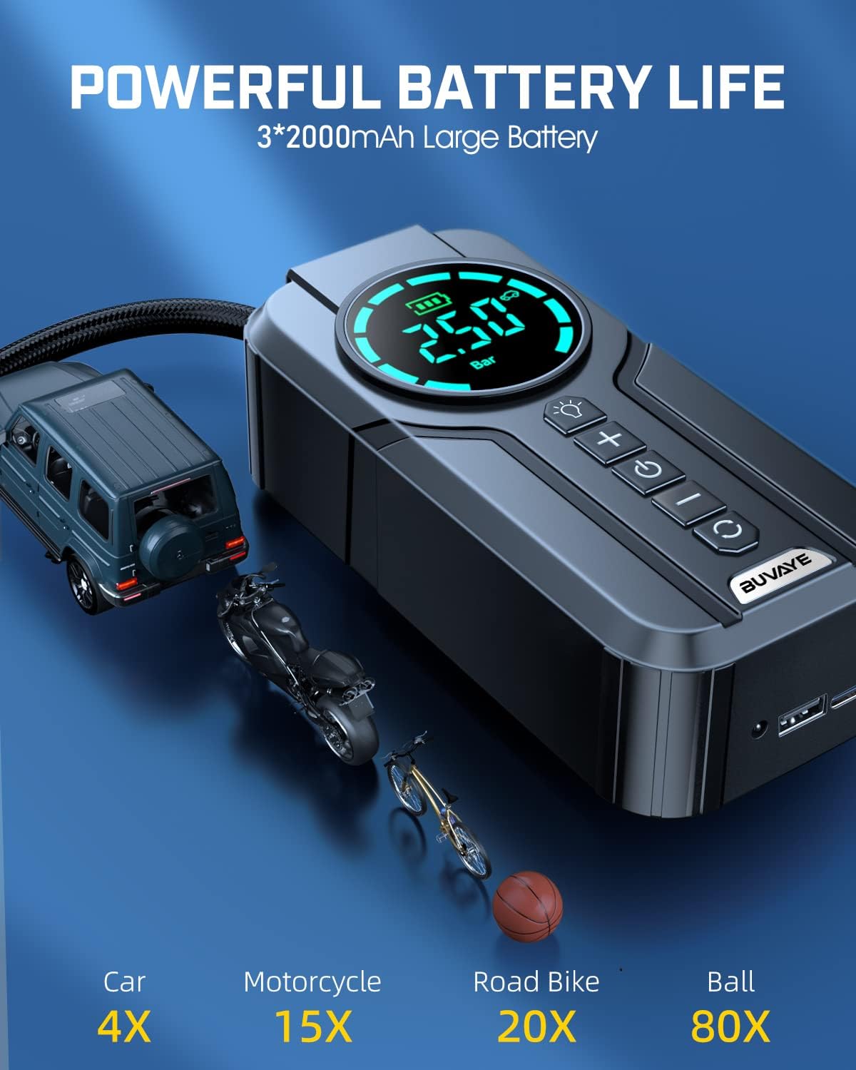 Pompa aer auto electrica 10 Bar, compresor cu display LED, acumulator 6000 mAh, lanterna, functie powerbank, 4 moduri umflare presetate, pentru masina, motocicleta, bicicleta, minge