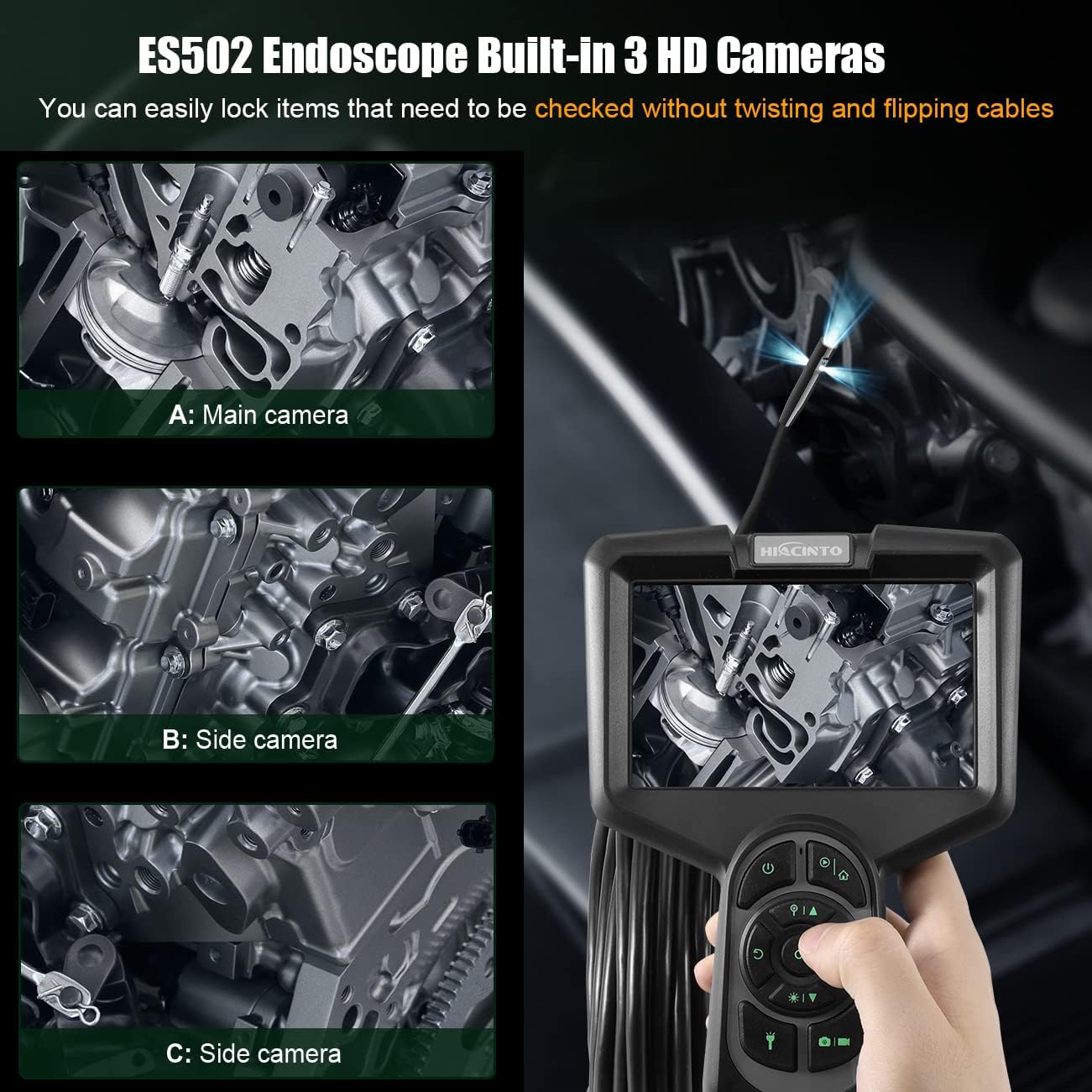 Endoscop industral, camera de inspectie cu 3 lentile, tub 8 mm semirigid si detasabil de 10 m, cu 10 lumini LED, impermeabil IP68, card de memorie de 32 GB inclus