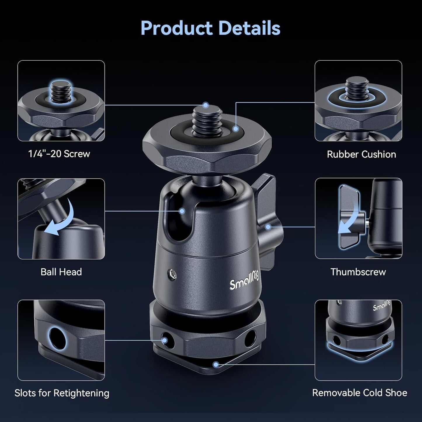 Set 2 adaptor cu cap tip bila cu surub de 1-4"-20 si suport patina cold shoe detasabil, din aluminiu, rotativ 360 de grade, pentru trepiede, monopiede, camere video