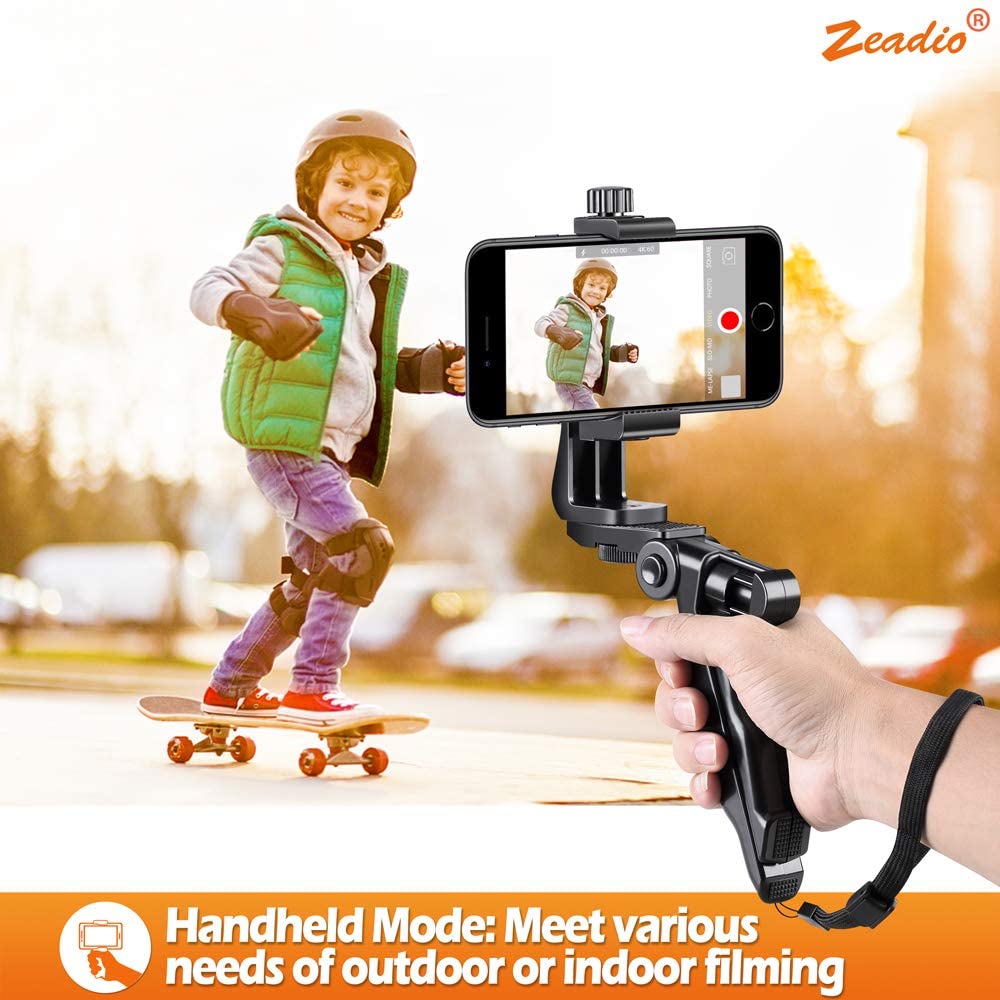 Trepied portabil pentru telefon si tableta, Zeadio, cu telecomanda Bluetooth, rotire completa la 360°, pentru inregistrare video si fotografiere, negru