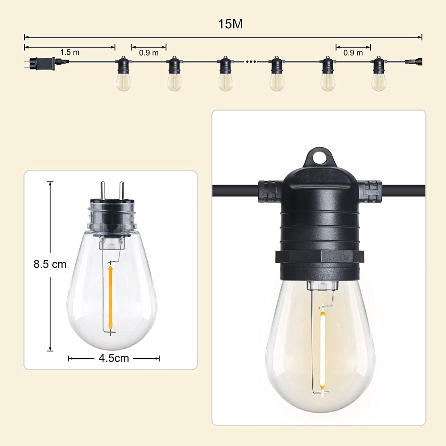 Ghirlanda luminoasa LED, 15 m, cu 15 becuri E27 S14, 12 V, 2700 K, impermeabil IP65, Clasa de energie A+++