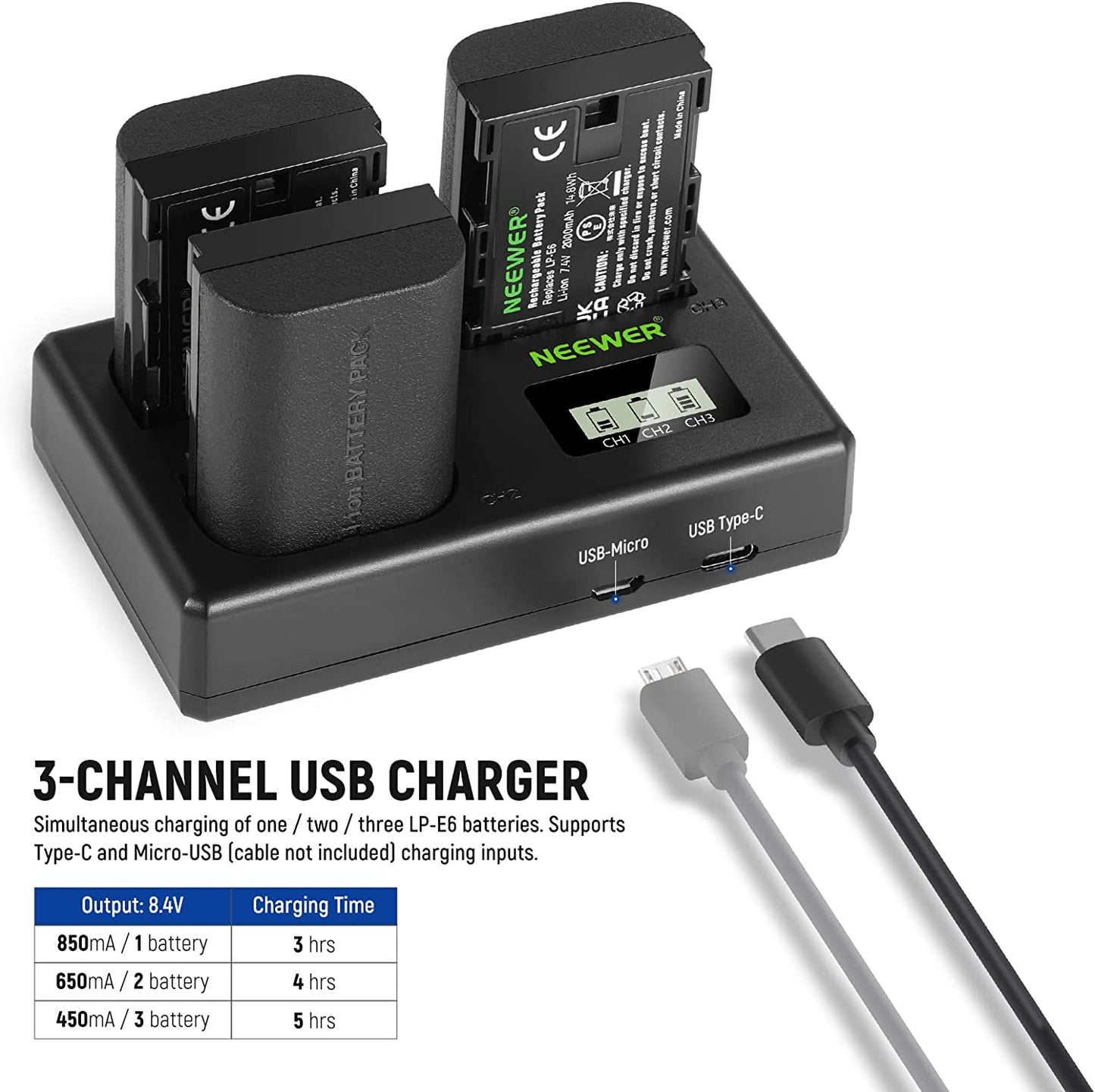 Set de 3 acumulatori LP-E6 2000 mAh, cu incarcator triplu cu afisaj LCD, compatibil Canon EOS 5D Mark II Mark III Mark IV 5D SR 60D 60Da 6D 70D 7D