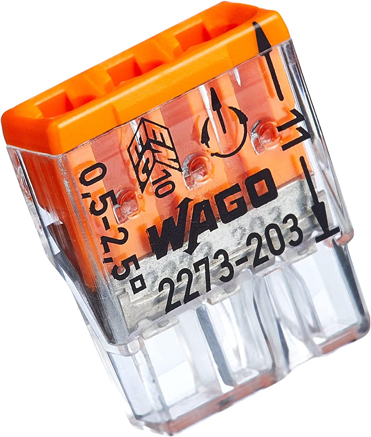 Set 100 cleme Wago 3 poli 0,5-2,5 mm², pentru conductori unifilari, 450V 24 A, Transparent / Portocaliu