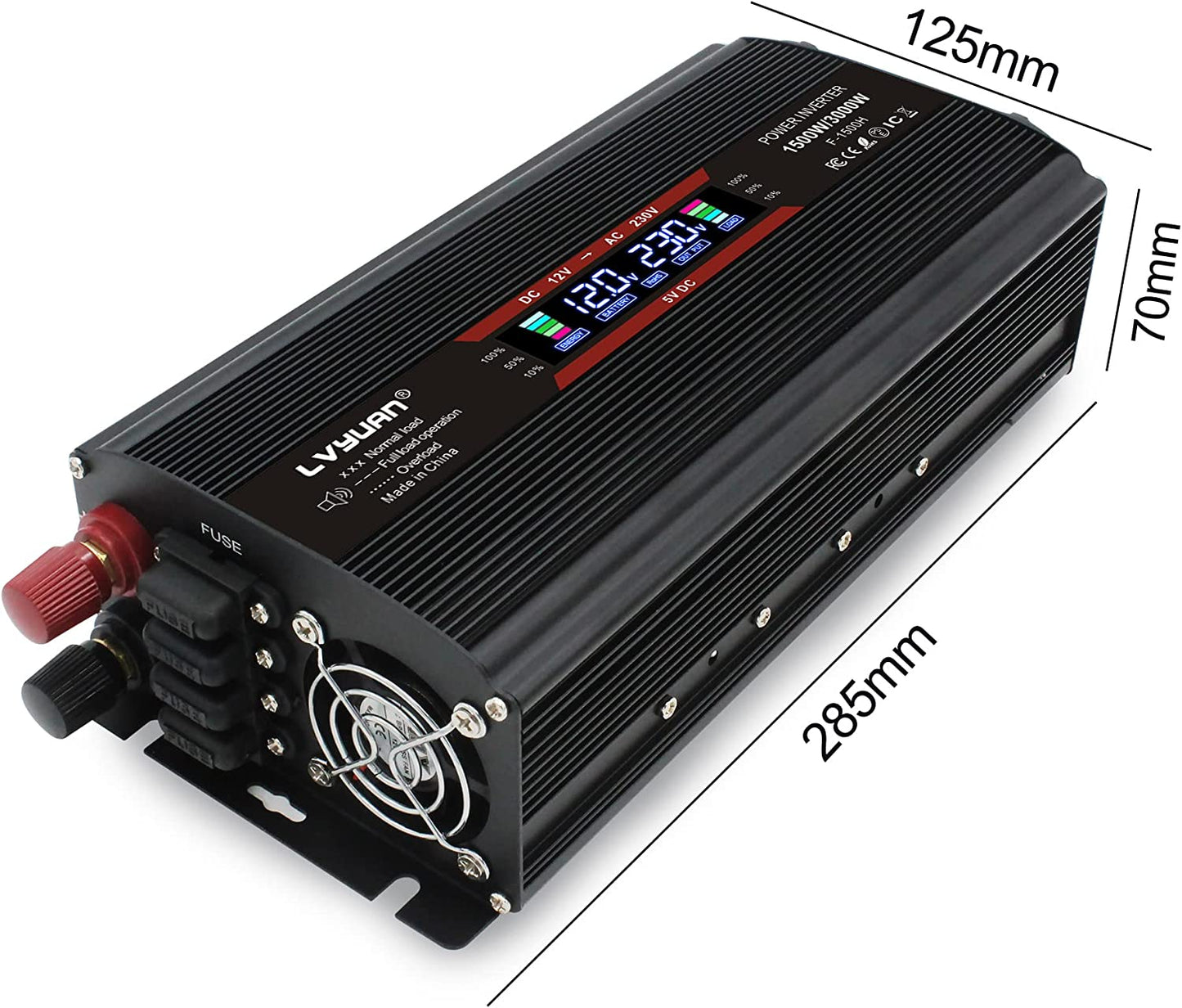 Invertor de tensiune 12-230 V, auto, 1500 W/ 3000W (varf), cu ecran LCD, 2 prize si 1 USB, cu adaptor priza auto si sigurante de rezerva