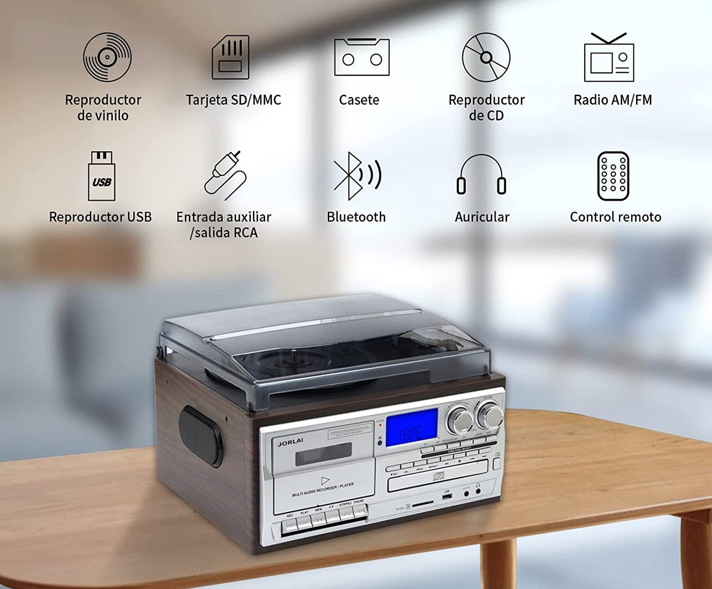 Pick-up stereo cu Bluetooth, Radio FM, Casetofon, USB, card SD, CD, Vinyl 33/45/78 RPM, 7"/10"/12", iesire RCA, difuzor incorporat, intrare AUX