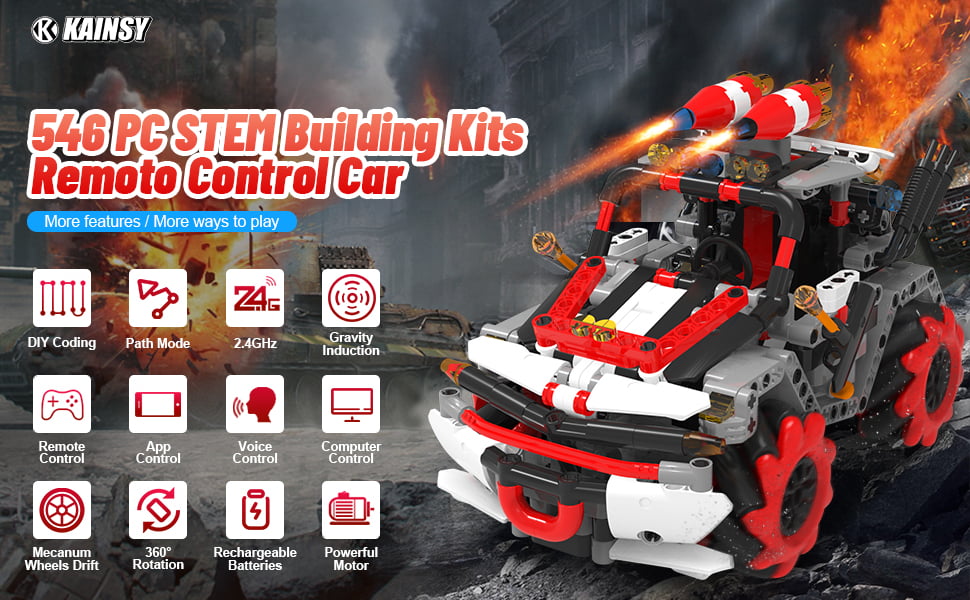 Masina RC, de construit, masinuta cu telecomanda, control prin aplicatie cu control vocal, 546 piese, rotatie 360°, setare traiectorie, programare smart, jucarie STEM, 2.4 GHz