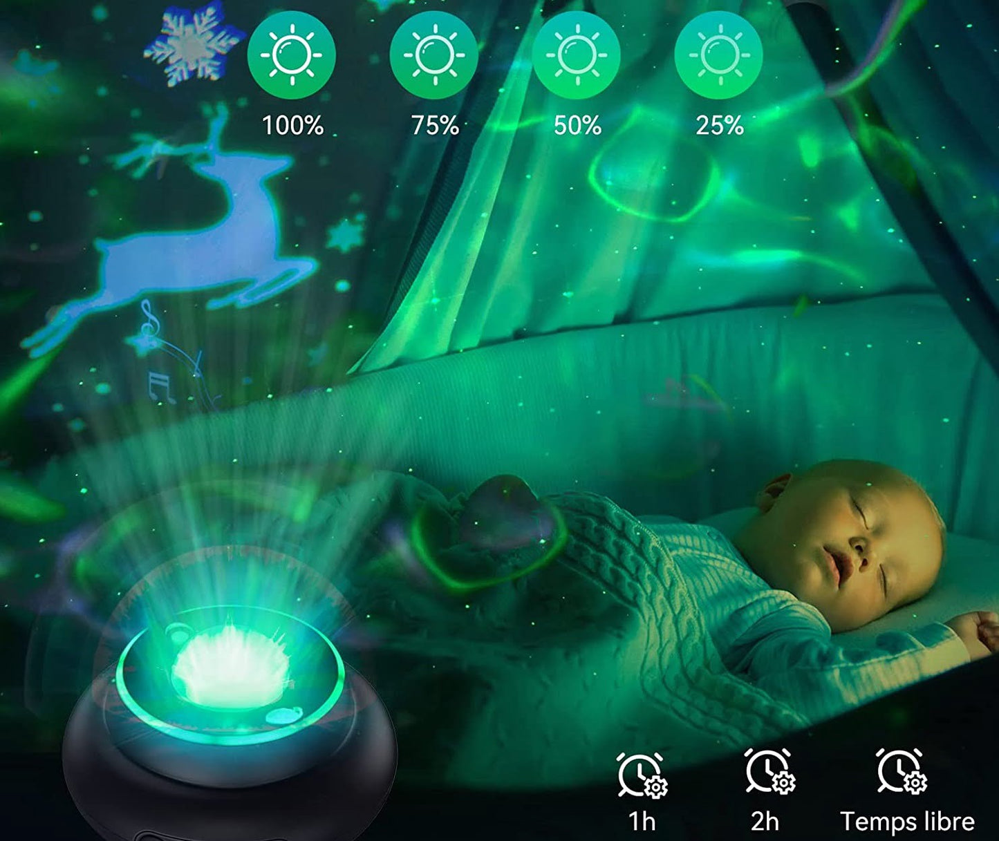 Proiector de stele LED cu difuzor Bluetooth, cu telecomanda, proiectie cerb de zapada, luminozitate reglabila, functie temporizare, 10 culori de proiectie