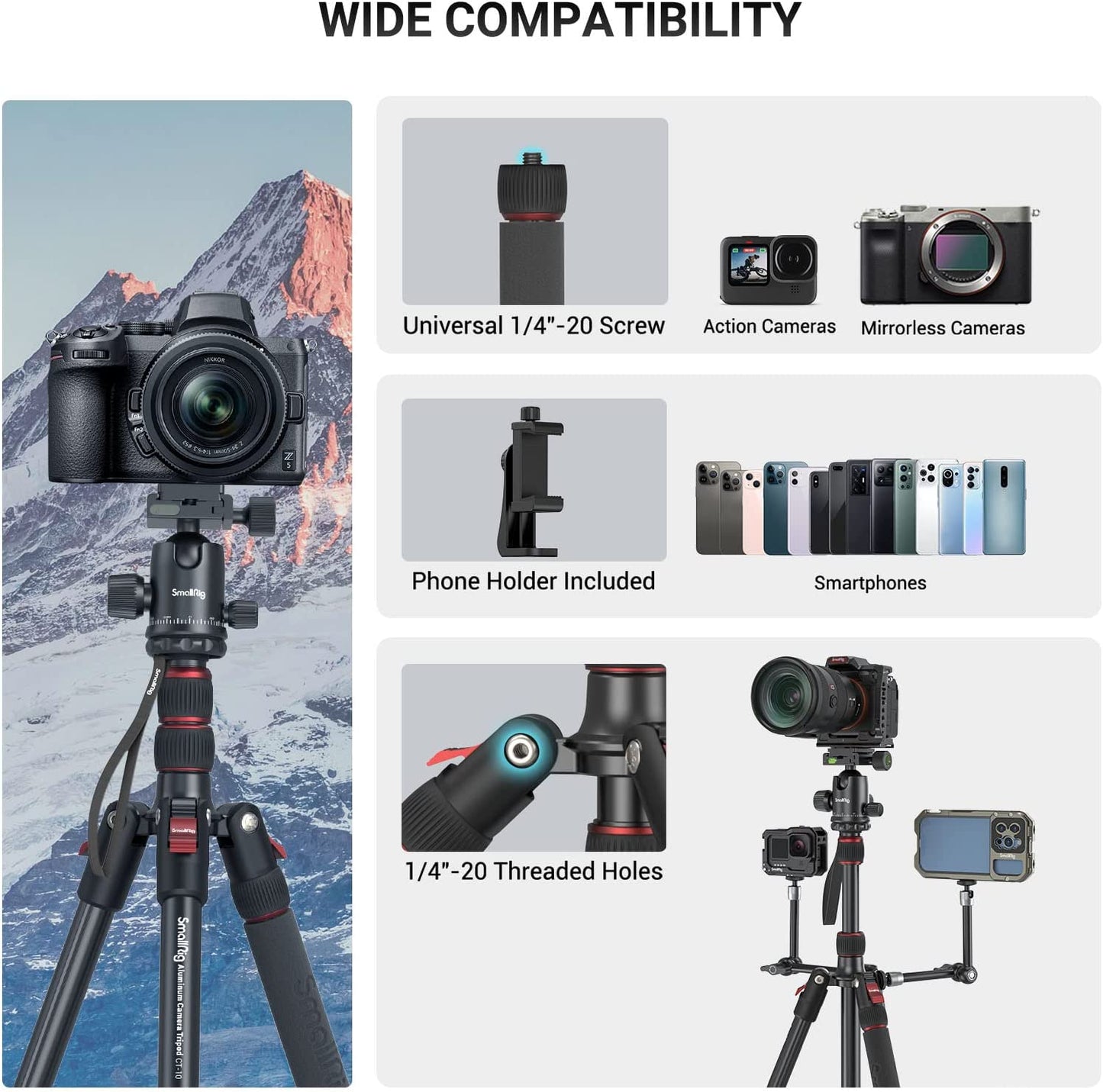 Trepied 2 in 1 monopied 59-180 cm, cu cap bila 360°, 3 suruburi mama 1/4", placa cu eliberare rapida si suport telefon, sarcina utila 15 kg, Smallrig