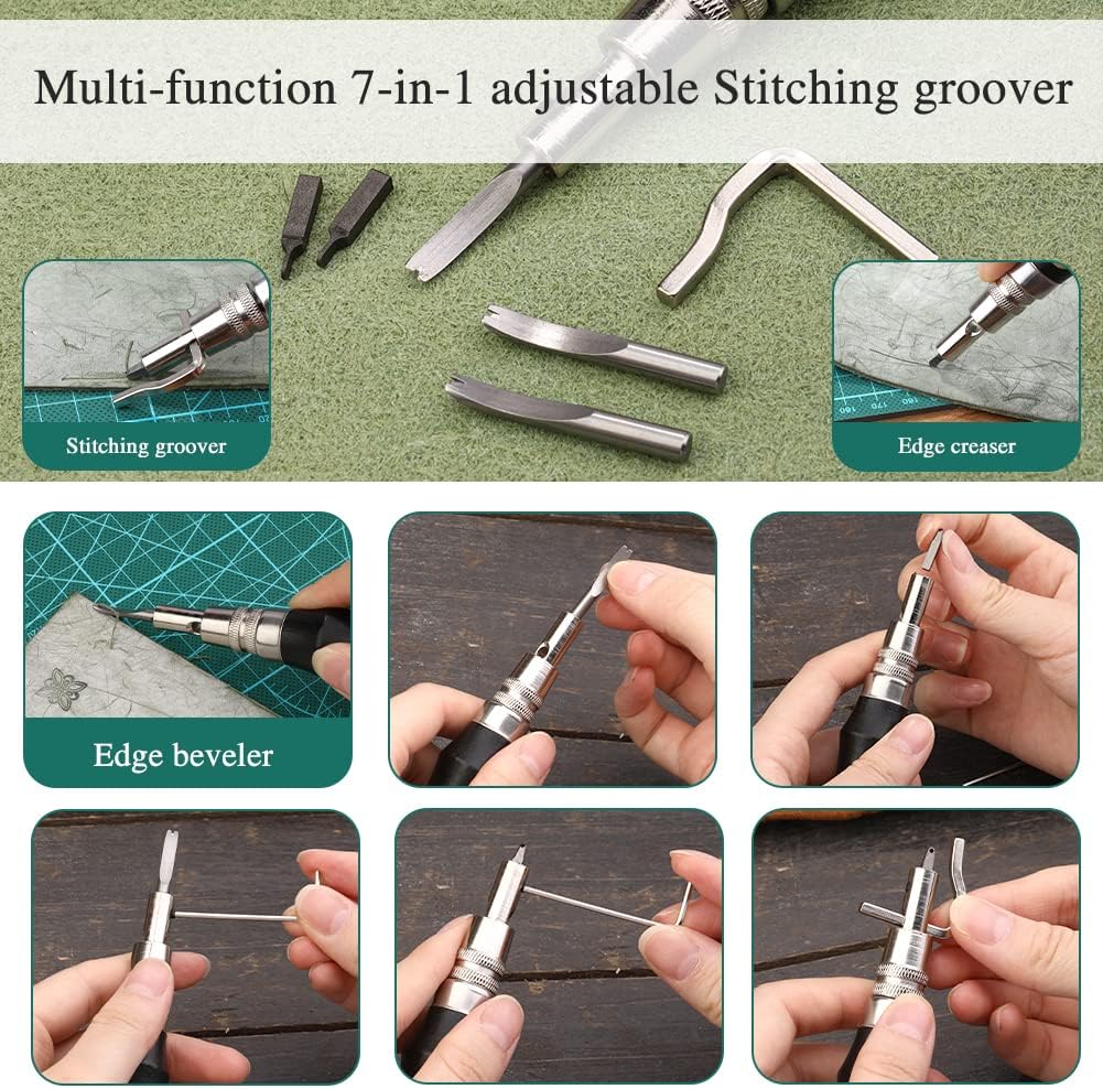 Set profesional de prelucrare a pielii, 72 de piese, cu stampile, perforatoare, scule marochinarie cu husa din piele