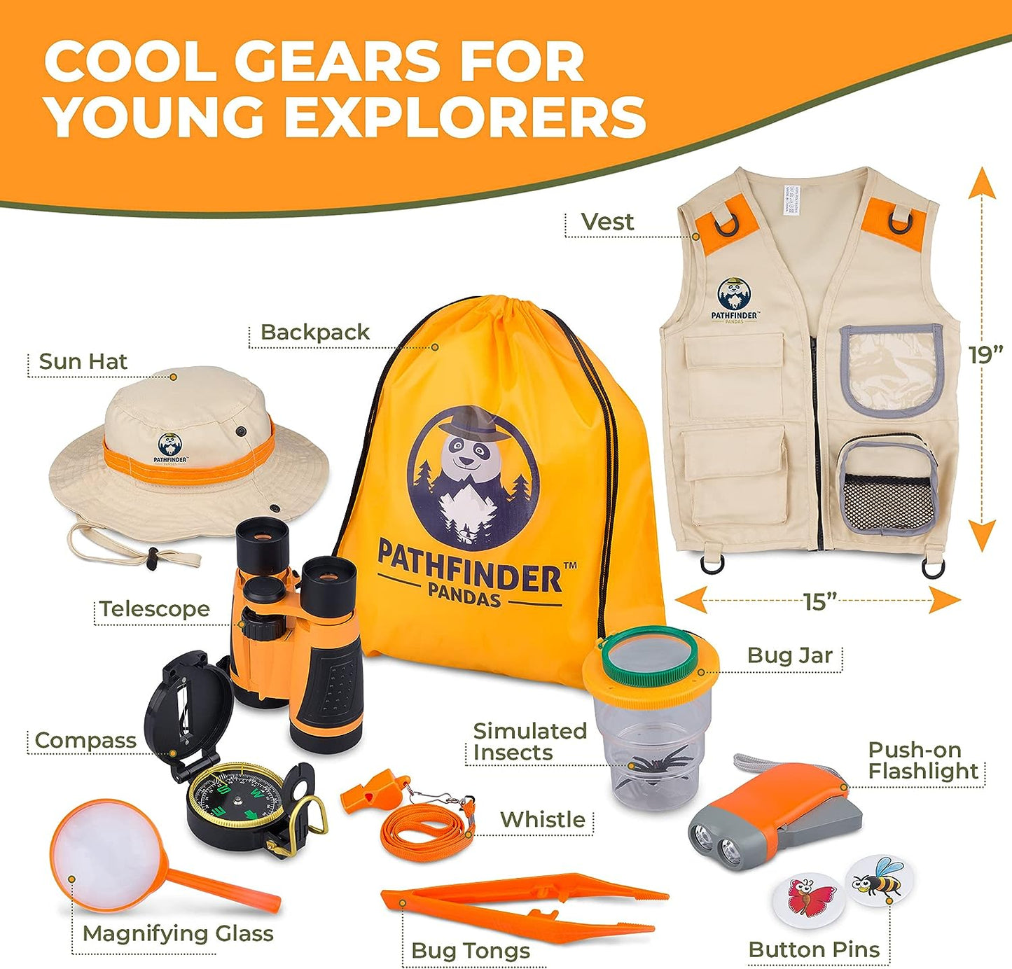 Set de cercetare pentru explorarea naturii, kit explorator aventurier cu vesta, palarie, binoclu, lanterna, fluier, busola, penseta, lupa, geanta de depozitare, portocaliu