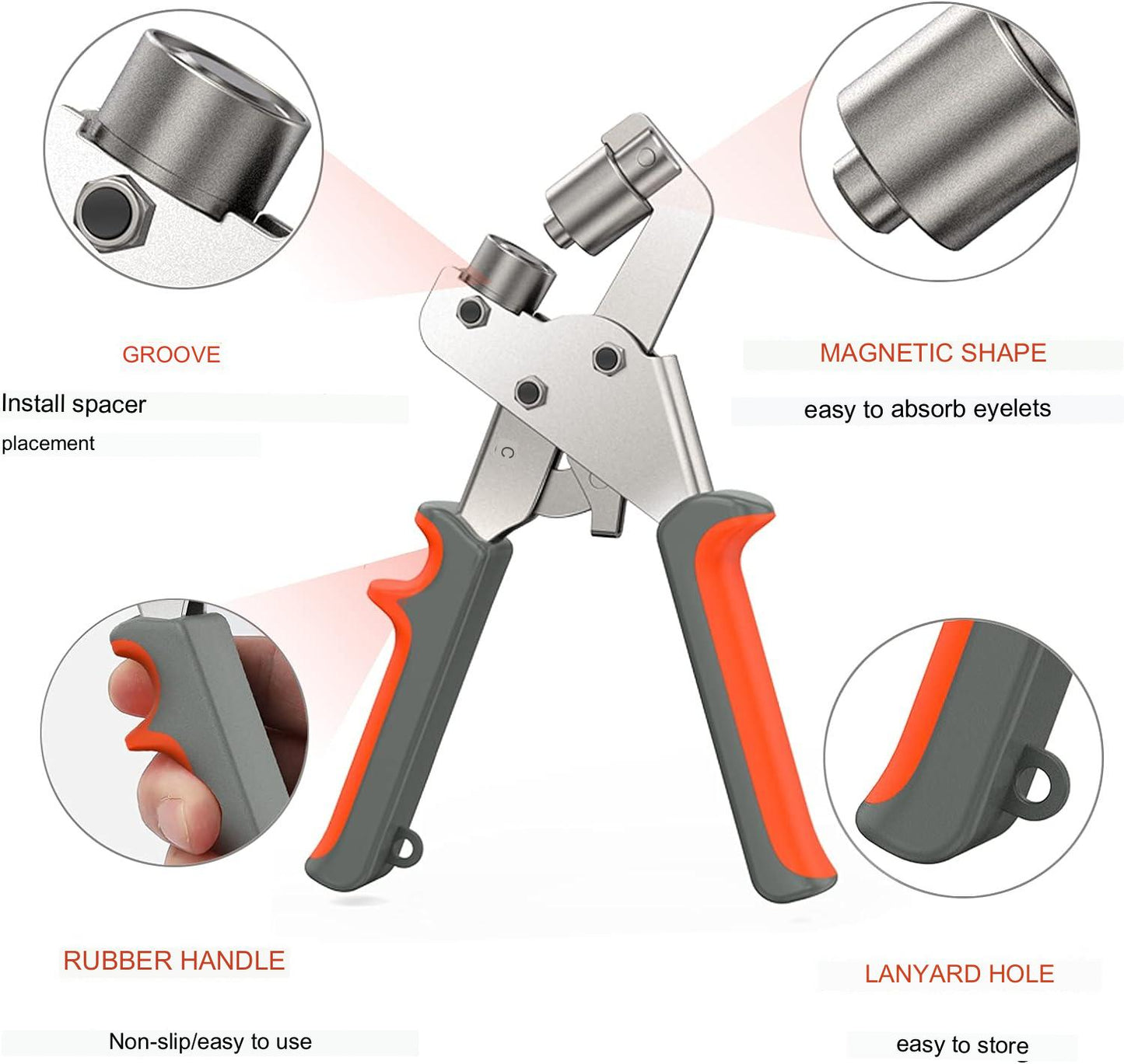 Set cleste pentru ochi, 16 cm, cu 500 ocheti de 10 mm diametru interior, pentru perforare si inserare, cu maner ergonomic, usor de utilizat