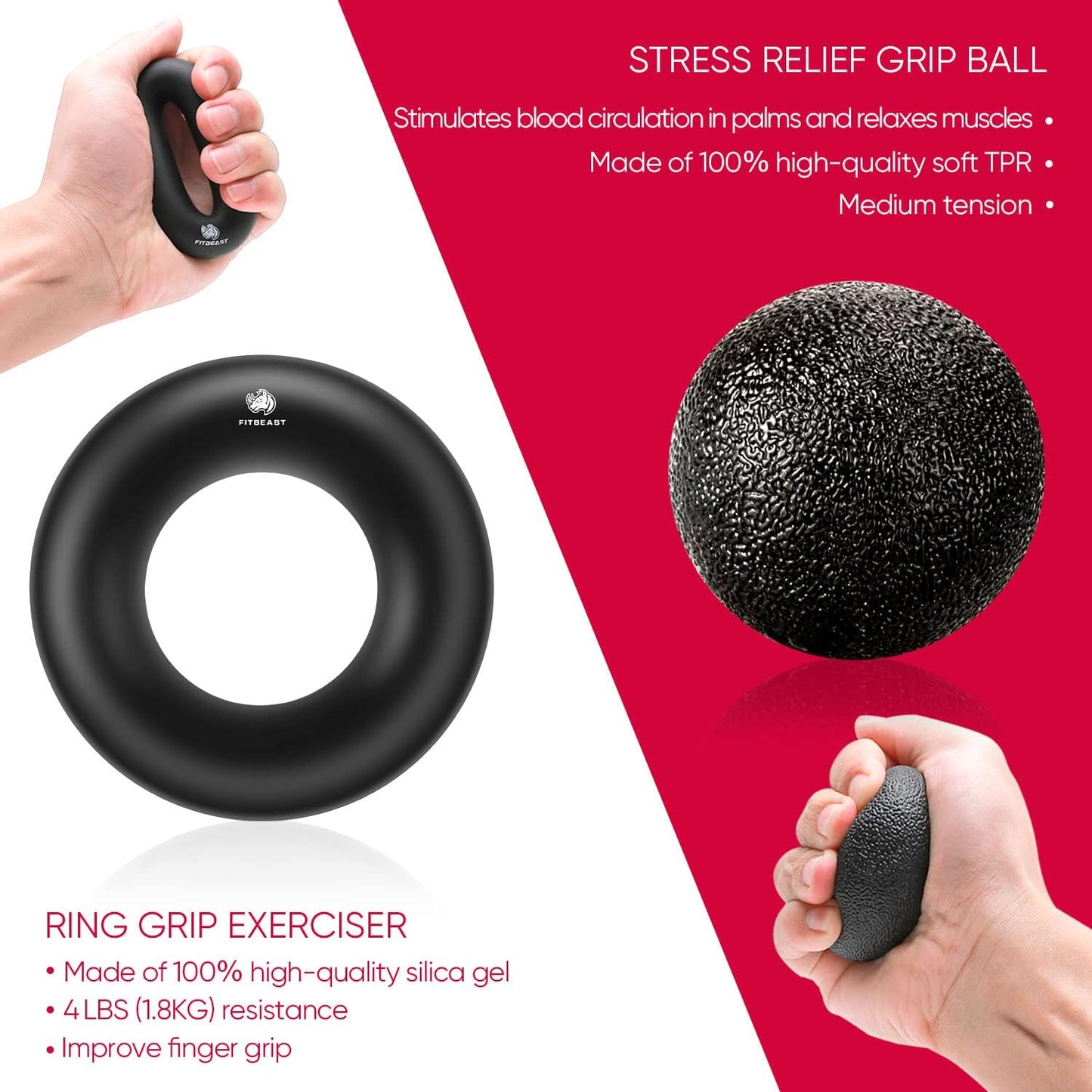 Set flexor cu 5 piese, cu minge de recuperare, inel flexor de cauciuc, dispozitiv antrenament degete, 10-60 Kg, FitBeast
