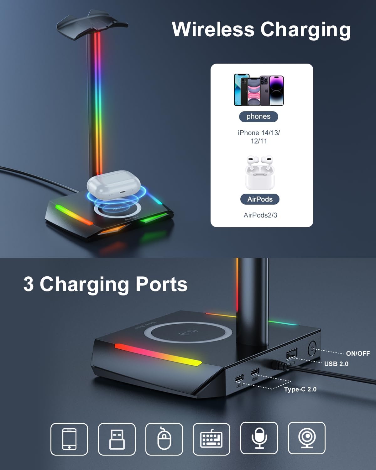 Suport RGB casti gaming, cu incarcator wireless, 2 porturi USB-C si USB 2.0, 11 moduri iluminare, antiderapant, New Bee, negru