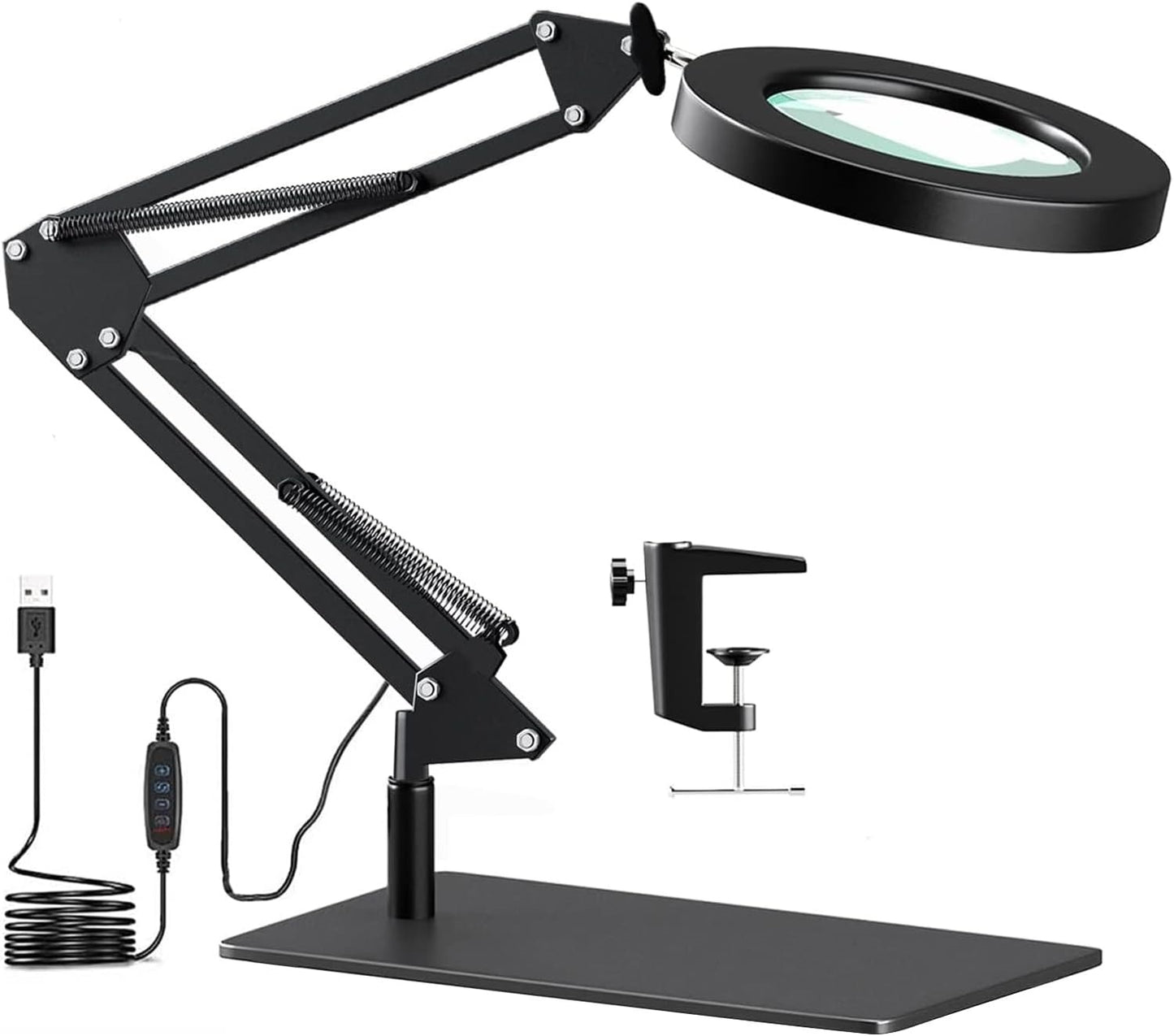 Lampa cosmetica cu lupa, marire 8X, 3 moduri de culoare, dimabila, cu picior si prindere tip menghina, cu brat reglabil si alimentare prin USB pentru machiaj, tatuaje, bijuterii, electronica