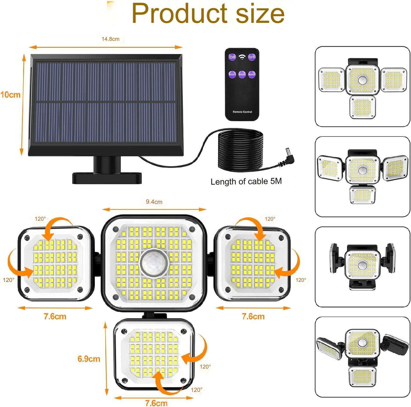 Set de 2 lampa solara LED cu panou solar telecomanda si senzor de miscare, unghi larg de 270°, 2000LM 6500K, 3 moduri iluminare, impermeabile IP65, cu fir de 5 m