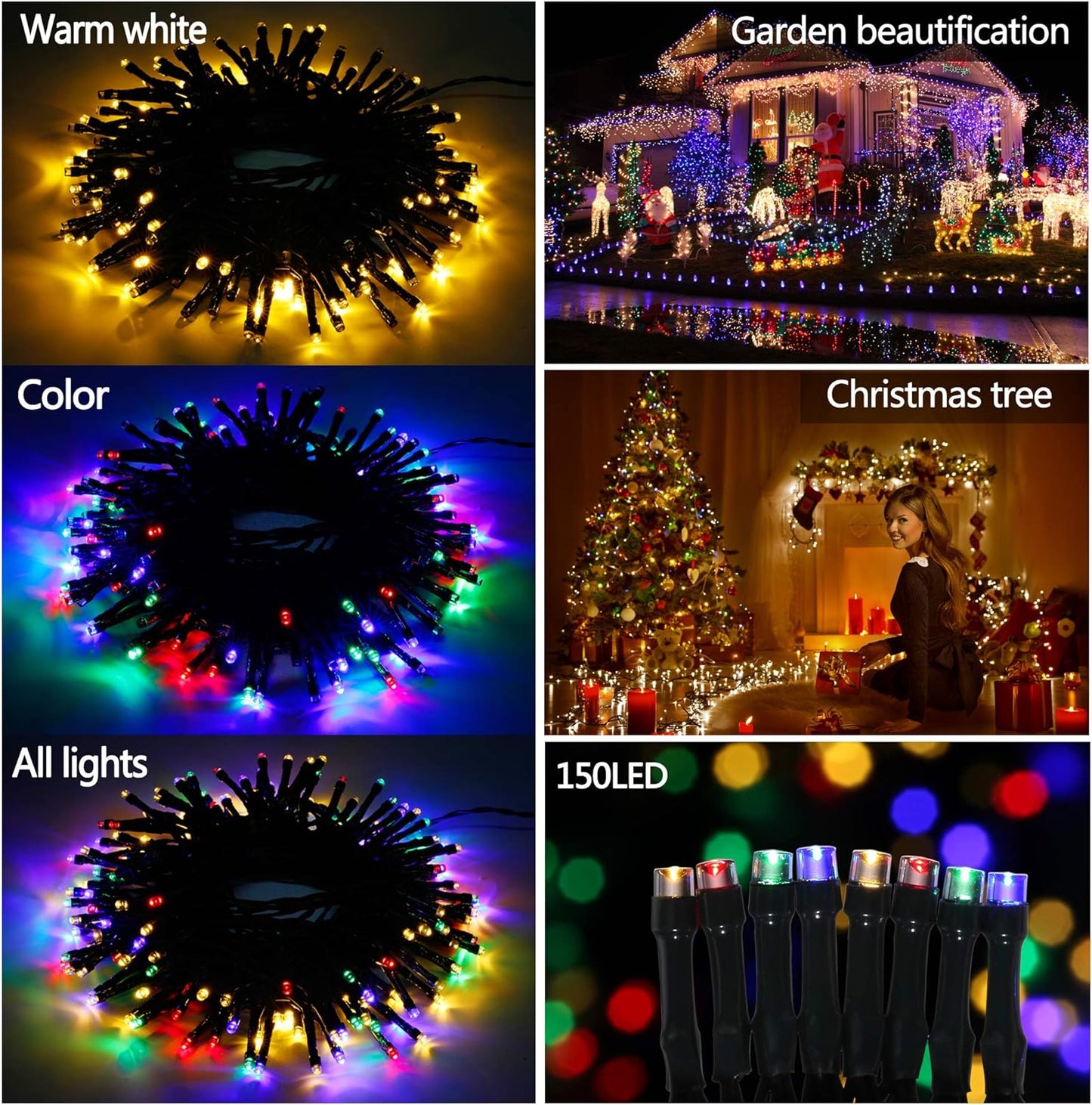 Instalatie de Craciun LED RGB si Alb Cald, cu Baterii, de 15 m, Liniara, cu Telecomanda, Impermeabile, Ajustare Luminozitate, Temporizator, pentru camera, petrecere, interior, exterior, decorare
