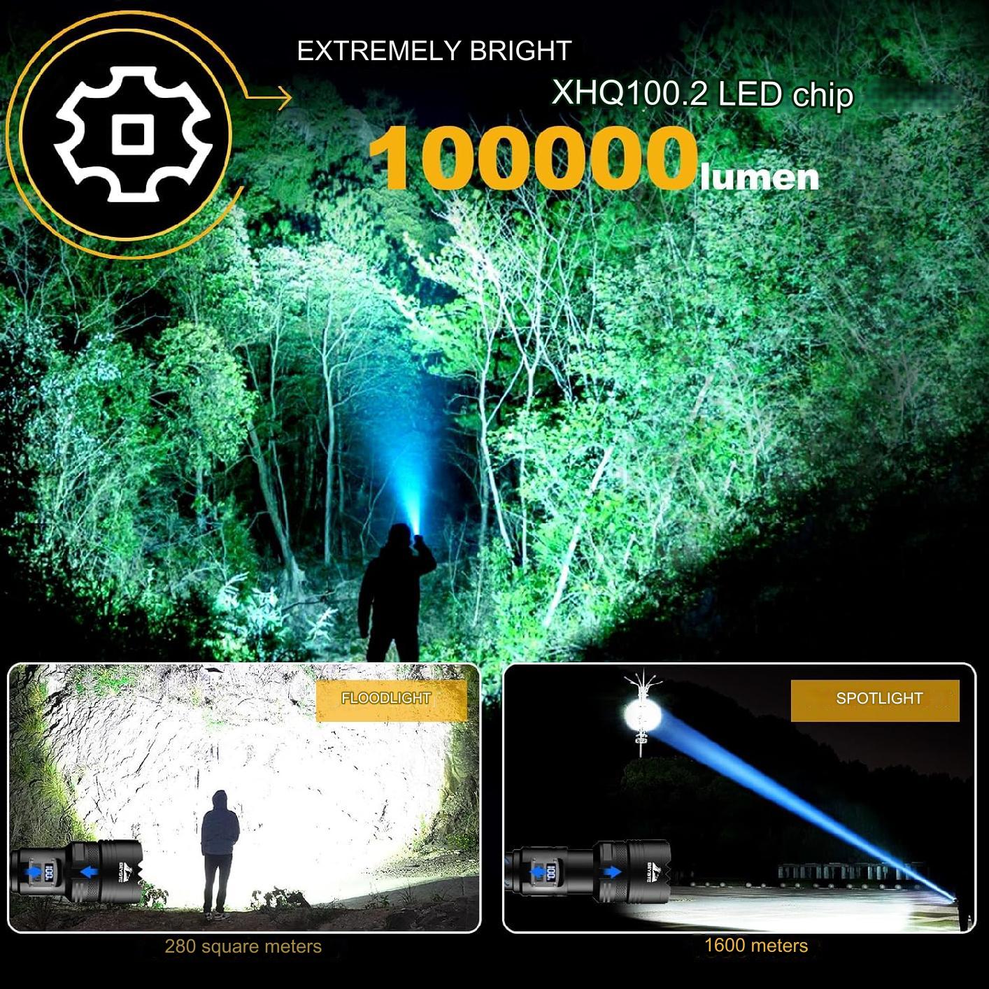 Lanterna tactica LED, din aluminiu, 100.000 lumeni, profesionala, rezistenta la apa IP67, acumulator inclus, cu 2 intrerupatoare, 5 moduri iluminare, incarcare USB, sursa XHQ100.2, si mini lanterna LED, 800 lumeni, 3 moduri iluminare, compacta
