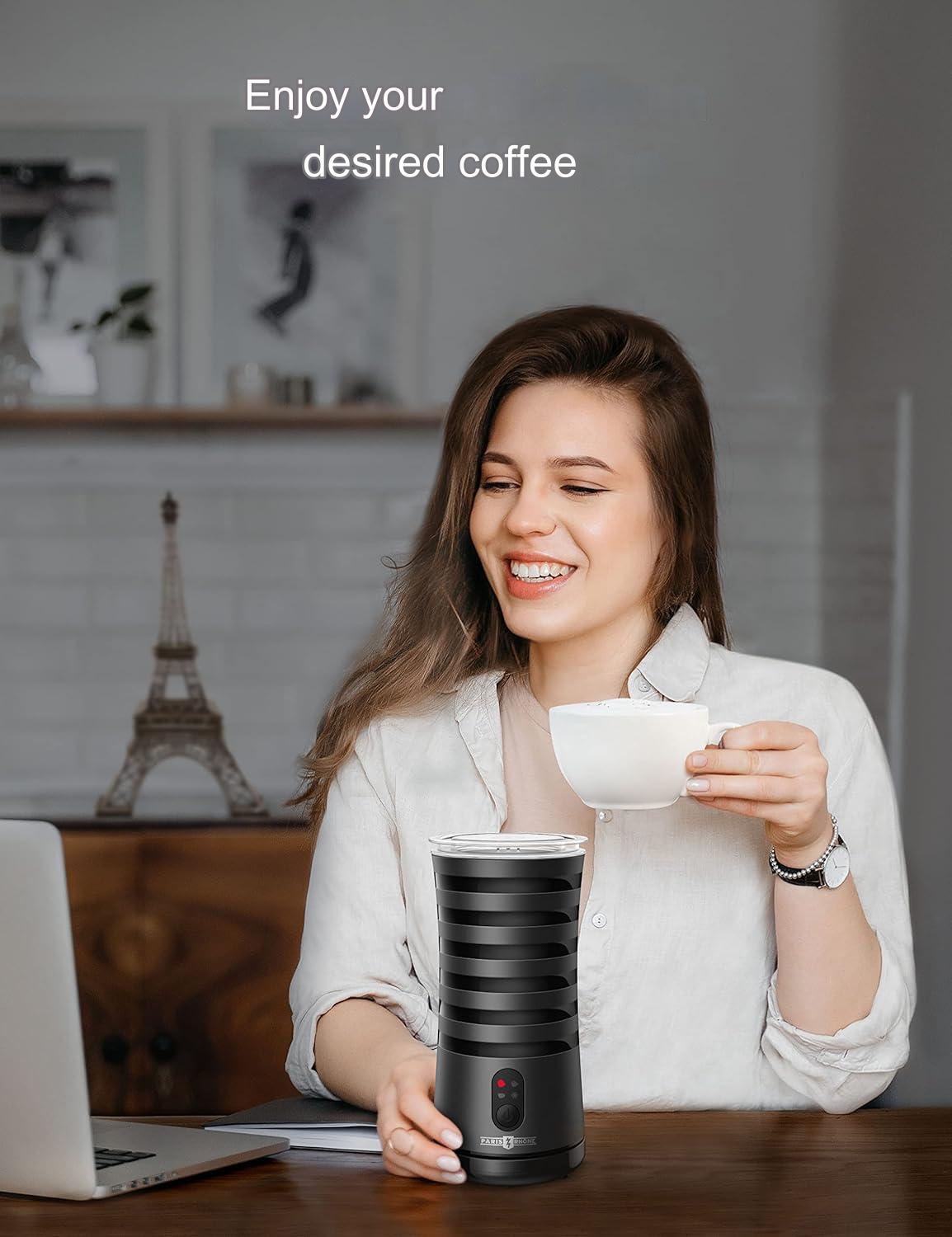 Aparat de spumat lapte 4 in 1, Indicator LED, Spumare Cald si Rece, Ideal pentru Latte, Ciocolata, Cappuccino, Frappe, 240 ml, PARIS RHÔNE AMZPE-MF010B01, negru