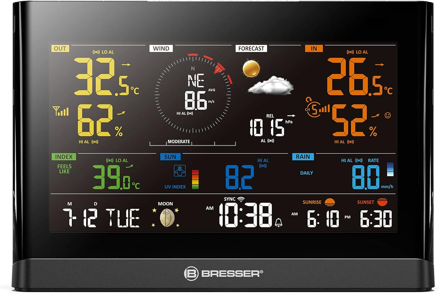 Statie Meteo profesionala 7 in 1, Bresser, cu afisaj LCD, prognoza meteo 12 h, alarma, viteza si directia vantului, umiditate, pluviometru, barometru, anemometru, temperatura, fazele lunii, data