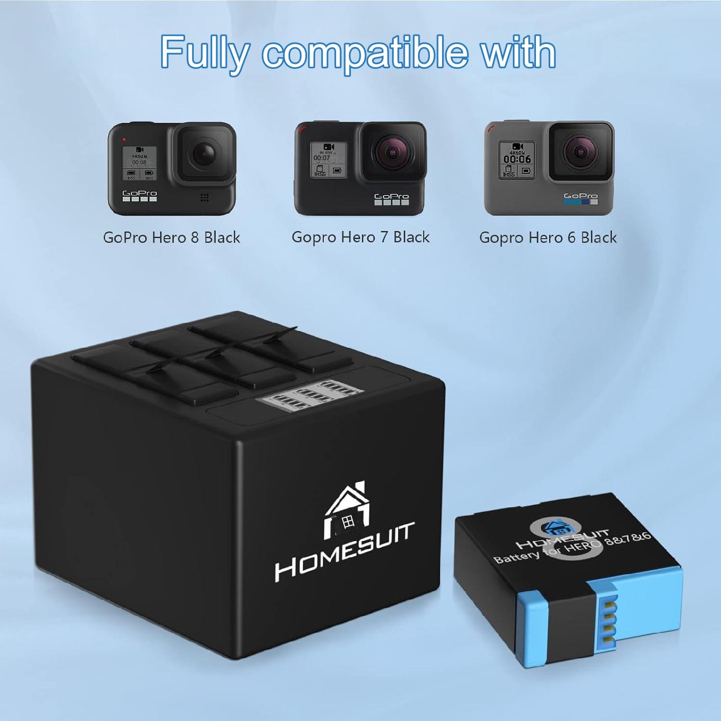 Set 3 acumulatori 1500 mAh pentru GoPro Hero 8, Hero 7, Hero 6 si statie de incarcare cu 3 sloturi, indicator LCD, cablu USB si port USB C, Compatibil cu GoPro Hero 8 Black, Hero 7 Black, Hero 6 Black