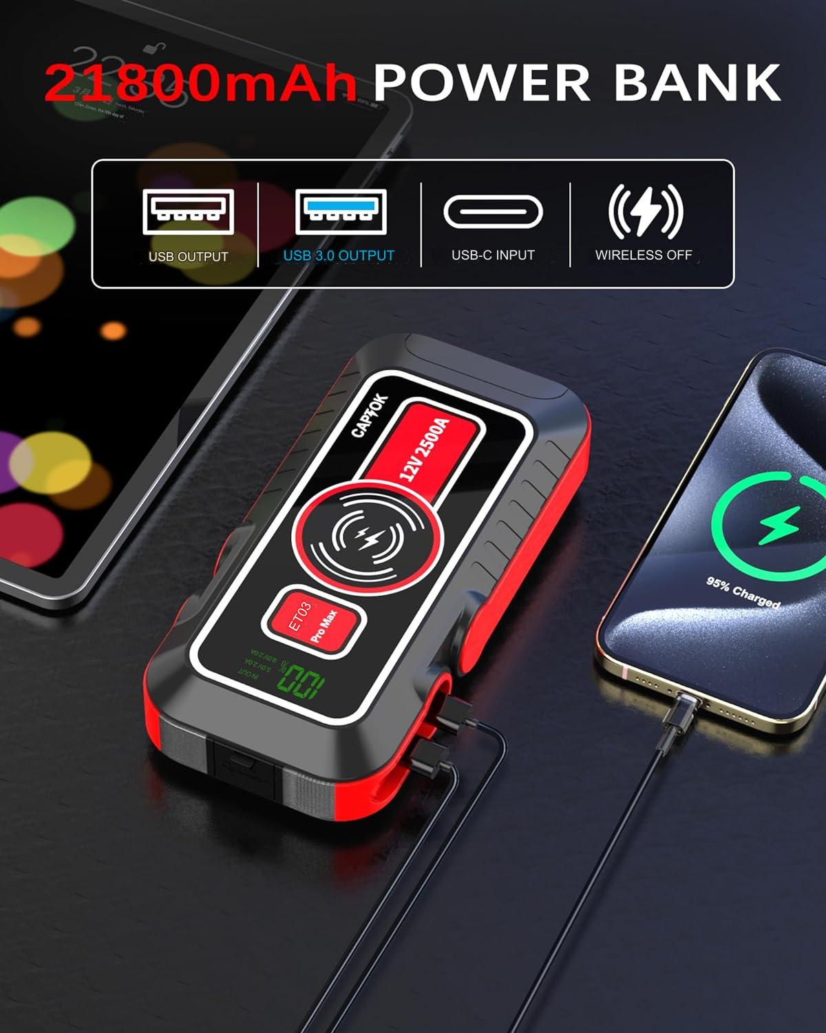 Starter auto multifunctional 2500 A, Jump Starter, cu functie powerbank de 21800 mAh, incarcare wireless 15 W, afisaj LED, portabil, 8 l benzina si 6 l diesel 12V, robot de pornire cu lanterna LED si port cu incarcare rapida