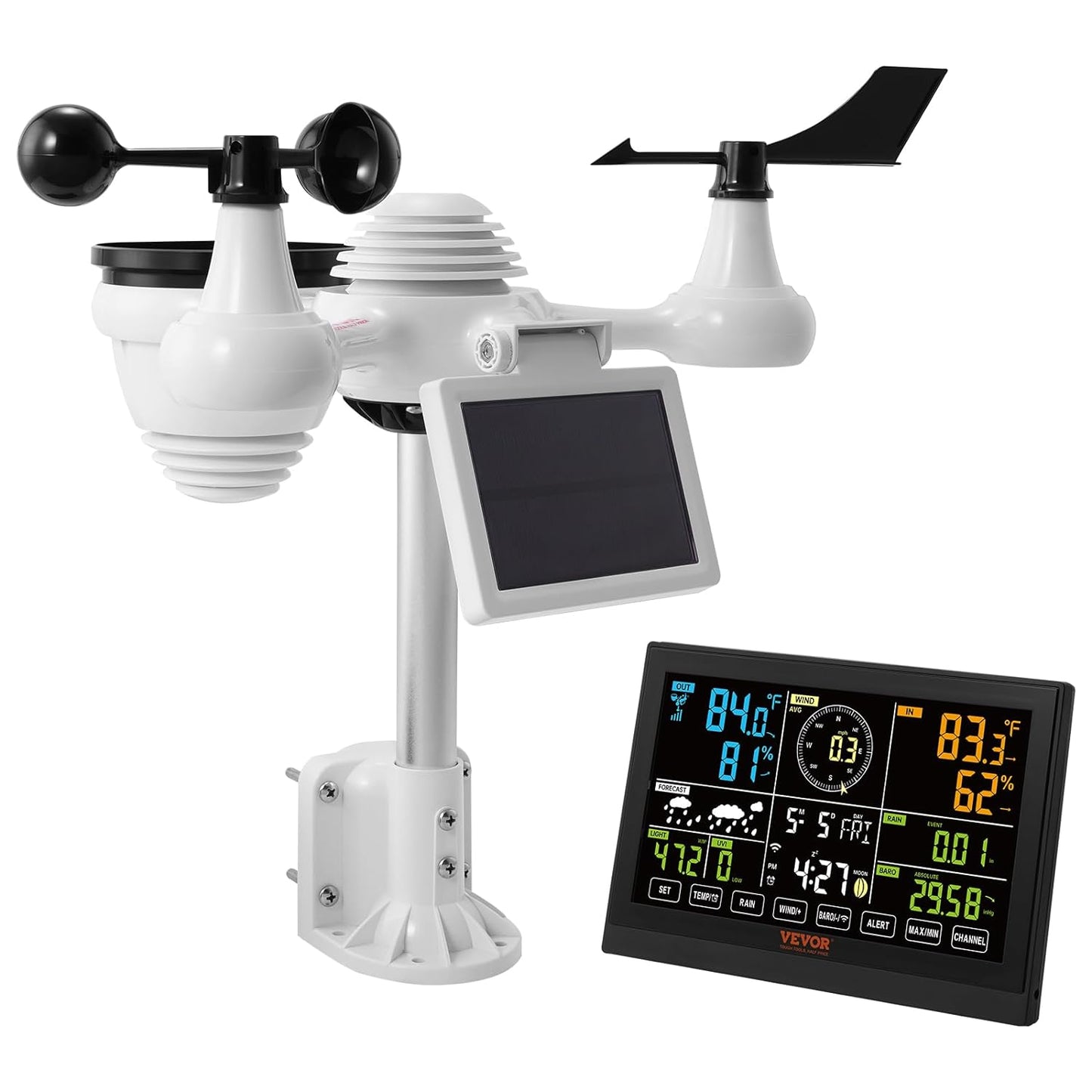 Statie Meteo profesionala WiFi 7 in 1, cu panou solar, afisaj LCD 7,5 inch, raza de transmisie de 150 m, prognoza meteo 12 h, alarma, viteza si directia vantului, umiditate, barometru, raze UV, anemometru, temperatura, fazele lunii, data, VEVOR