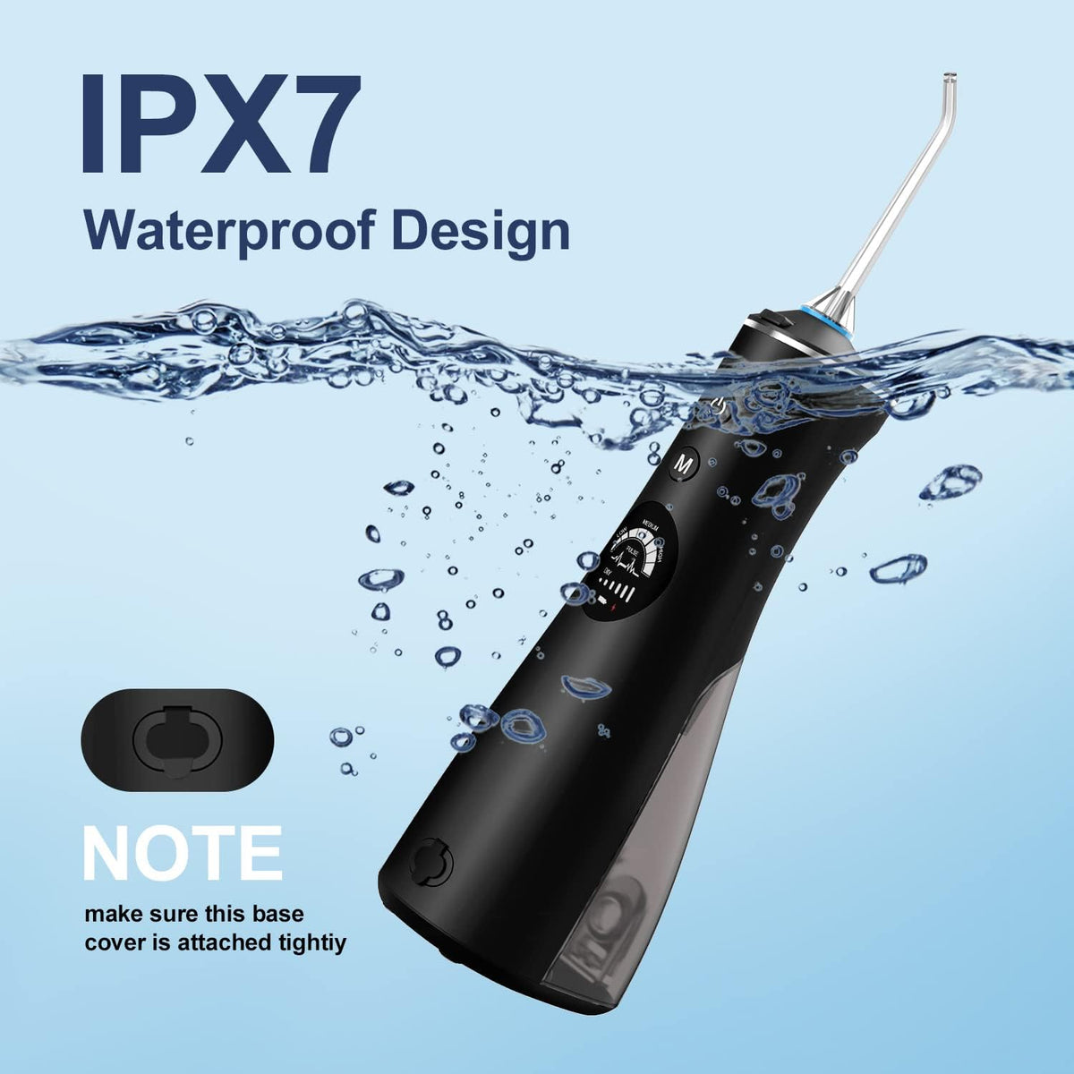 Irigator oral pentru dus bucal, portabil, reincarcabil, cu functie de memorie, presiune 30 120 PSI, duza rotativa la 360 grade, display LCD, impermeabil IPX7, 260 militri, 10 moduri, 4 viteze, baterie 2000mAh, 7 capate interschimbabile, negru