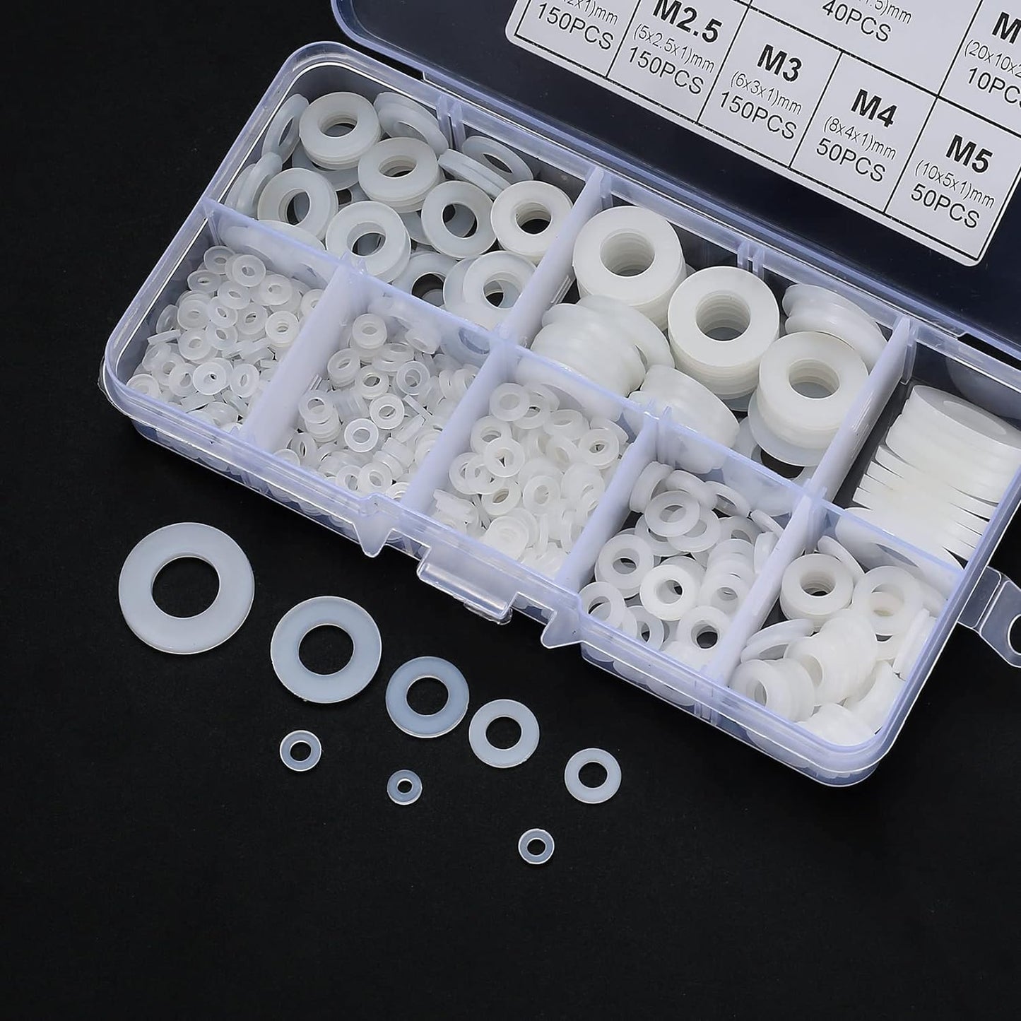 Set 650 de bucati distantiere de izolatie din Nylon, M2, M2.5, M3, M4, M5, M6, M8, M10, saibe de etansare pentru izolarea suruburilor, cu cutie de depozitare si transport, albe