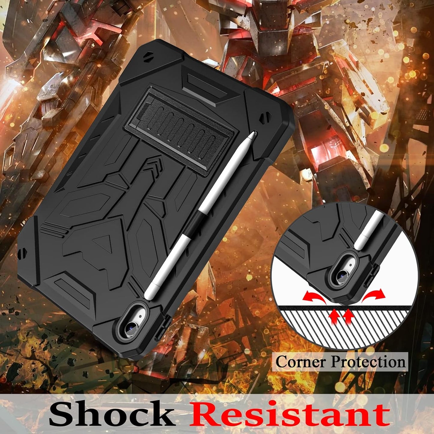 Husa compatibila cu iPad 10.9 inch, generatia a 10-a, 2022, protectie 360 de grade, cu suport pix, rezistenta la socuri, robusta, cu suport tip stand, design transformers, pentru copii