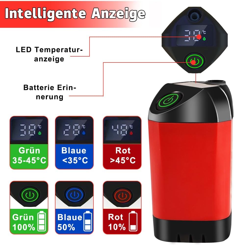 Dus portabil pentru camping cu pompa electrica si acumulator reincarcabil 3800 mAh, afisaj LED pentru temperatura, 5 l/min, impermeabil, pentru drumetii, pescuit, spalat auto, animale