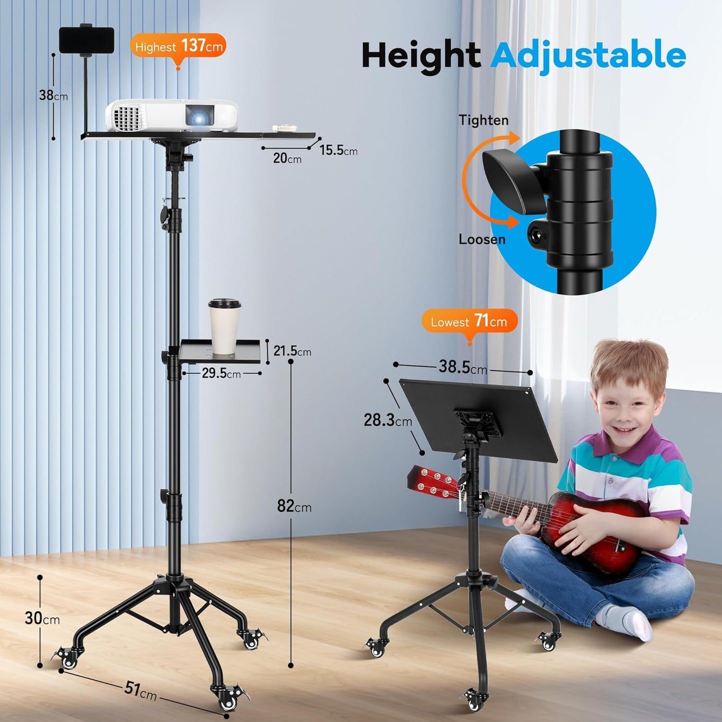 Suport mobil pentru videoproiector/laptop, stand cu inaltime reglabila 71-137 cm, cu rotile, pin de blocare, suport smartphone, capacitate 14 kg, din metal, unghi reglabil 180°, pentru proiector, tableta, mixer, laptop, partitura, negru