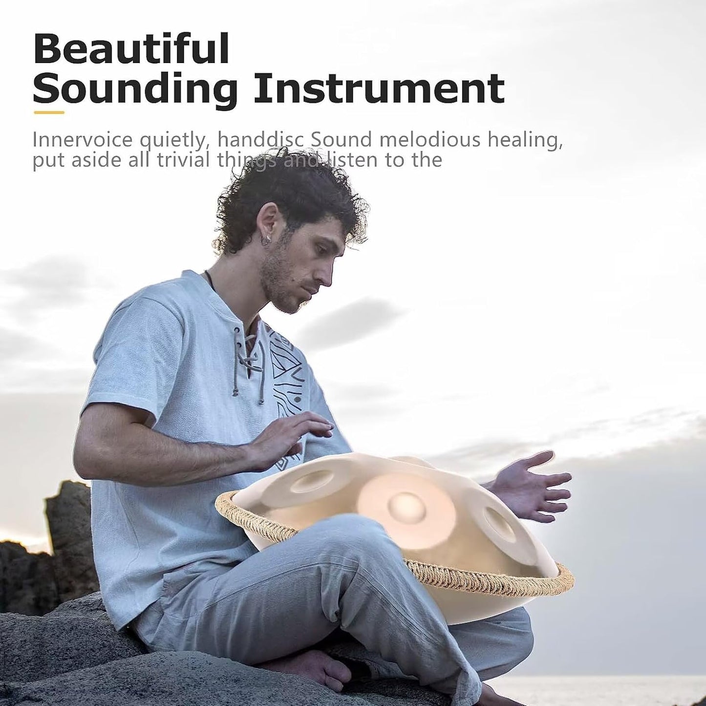 Handpan, Instrument muzical 10 note, Hand Drum 22 inch, Re Minor, 440 Hz, Cu bete, Suport, Husa de transport si depozitare, Gold Performer