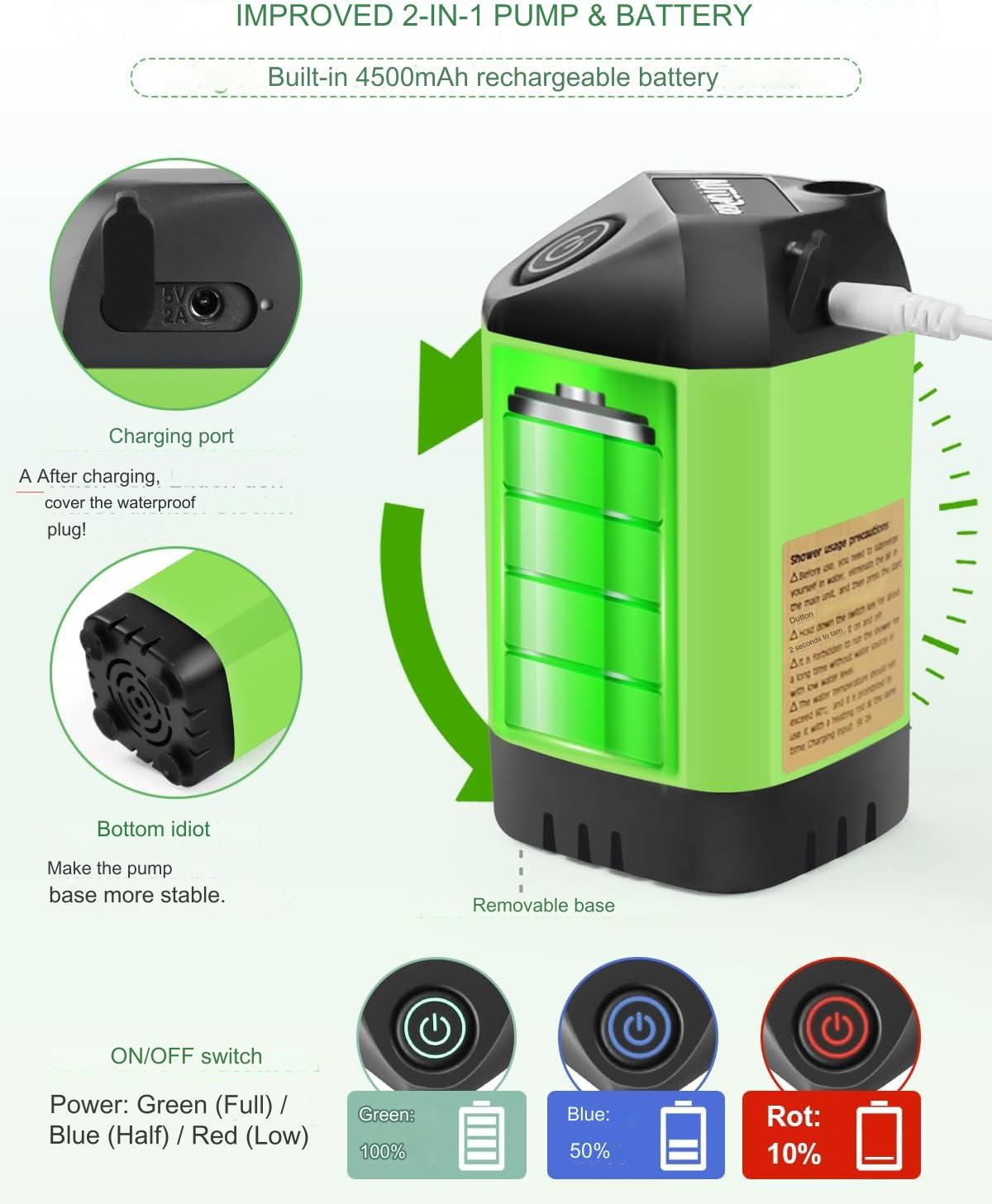 Dus portabil pentru camping cu pompa electrica si acumulator reincarcabil de 4500 mAh, debit 0-8L/min reglabil, IPX7,impermeabil pentru drumetii, pescuit, spalat auto, animale