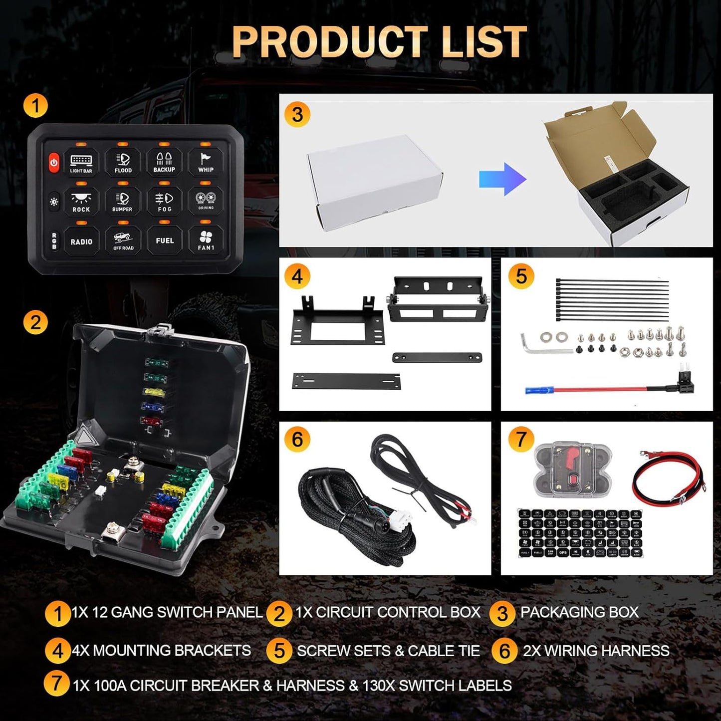 Kit panou comutator auto cu 12 butoane, 12-24 V, comutare prin releu, LED RGB, intrerupator On/Off 65A, impermeabil IP65, pentru masina, camion, rulota, barca, SUV, off-road