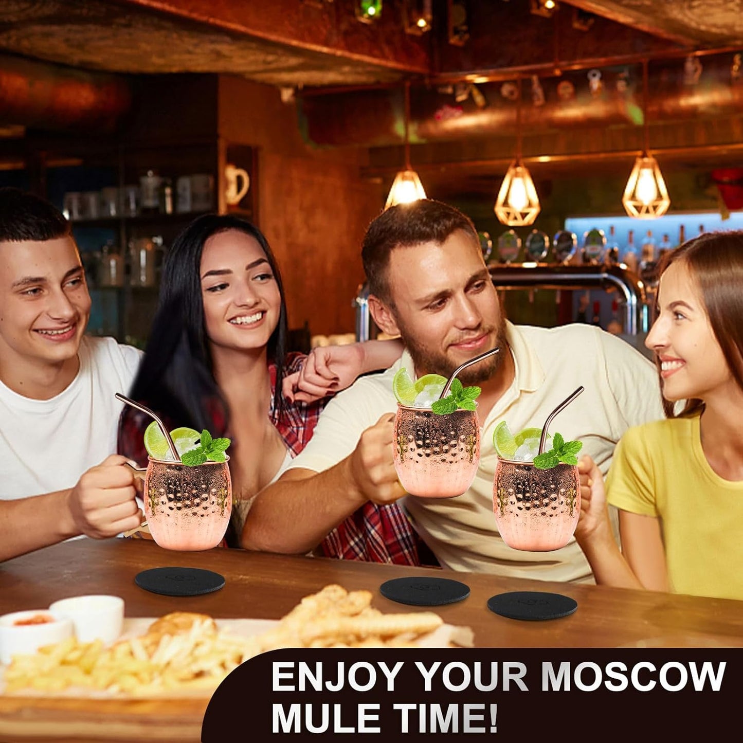 Set 4 cani Moscow Mule 530 ml, cu paie metalice, perie de curatare, cupa de masurare, coaster, pentru cocktail, bautura rece, acasa, bar, petrecere