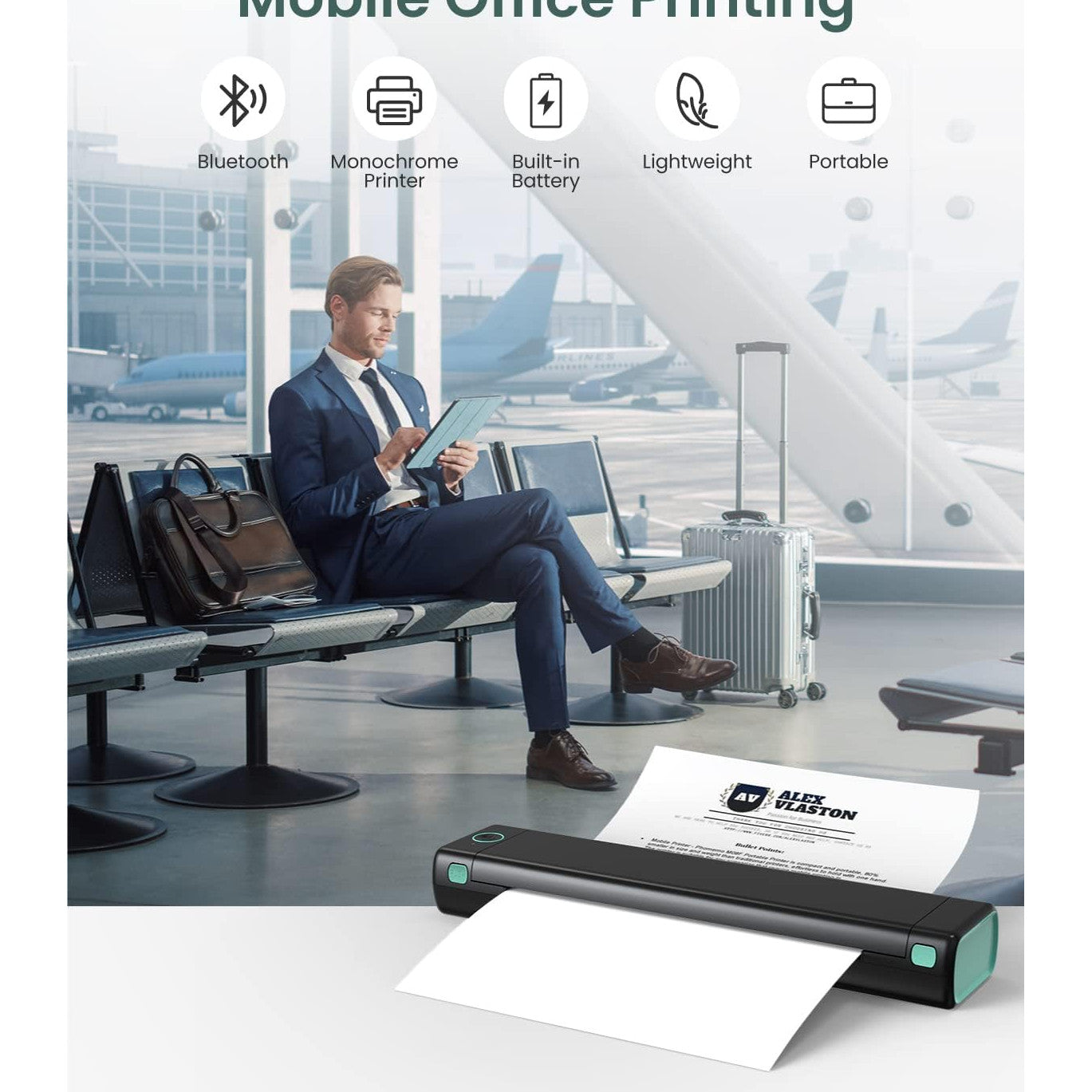 Imprimanta termica Bluetooth, imprimare pe hartie termica A4, portabila, acumulator 1200 mAh, printare fara tus, pentru tatuaje, business, calatorii, compatibil iOS, Android, PC, Laptop
