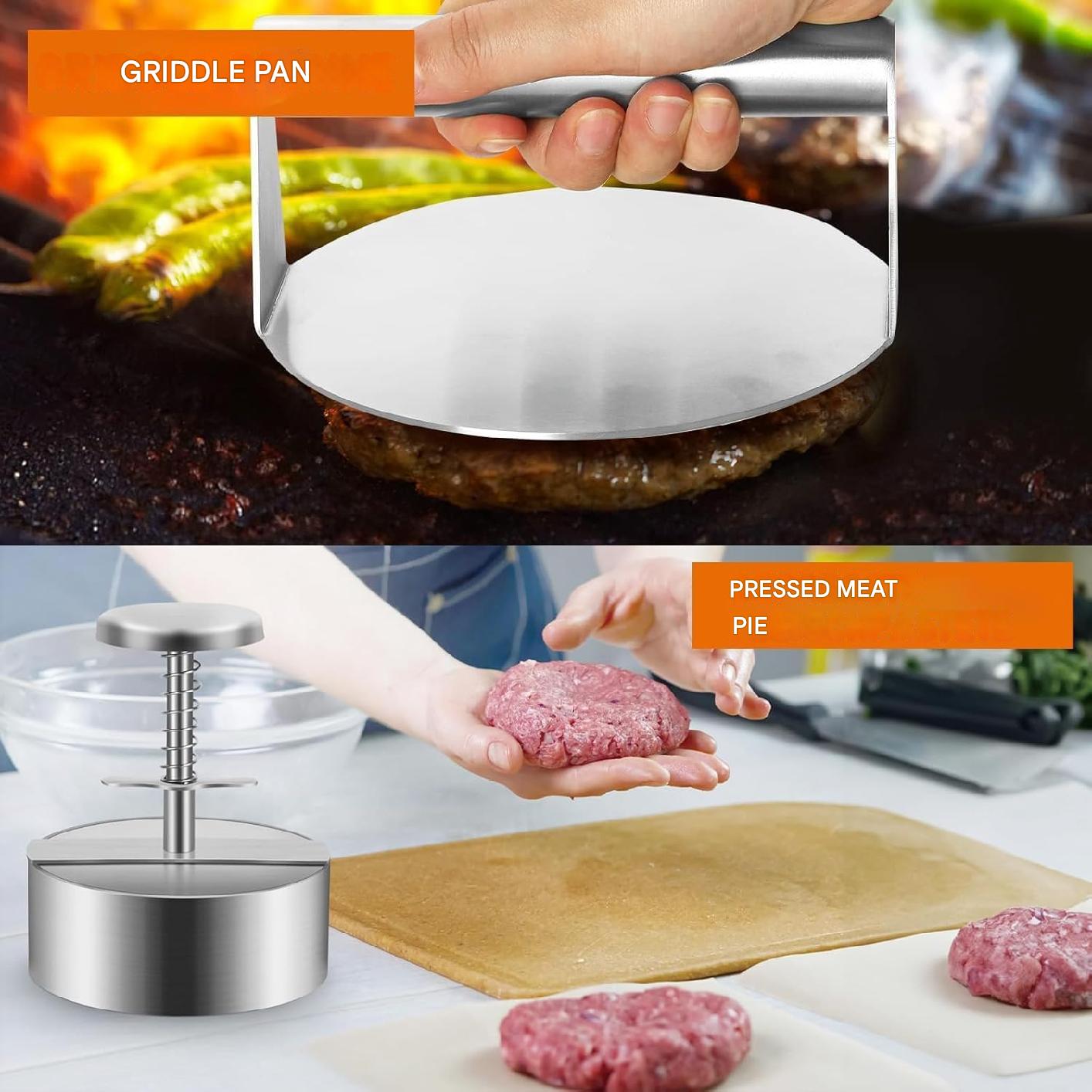 Set 2 presa burger din otel inoxidabil, de 14 cm, cu presa hamburger gradata reglabila, 100 buc hartie de silicon si 2 pensule, profesional, multifunctional