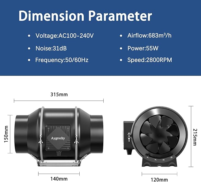 Ventilator evacuare aer 150 mm, reglabil, cu regulator de viteza, 683 m³/h, 2800 rpm, 55 W, 32 dB, material ABS, pentru incalzire, racire, boostere, corturi de crestere, hidroponie, ventilatie de evacuare