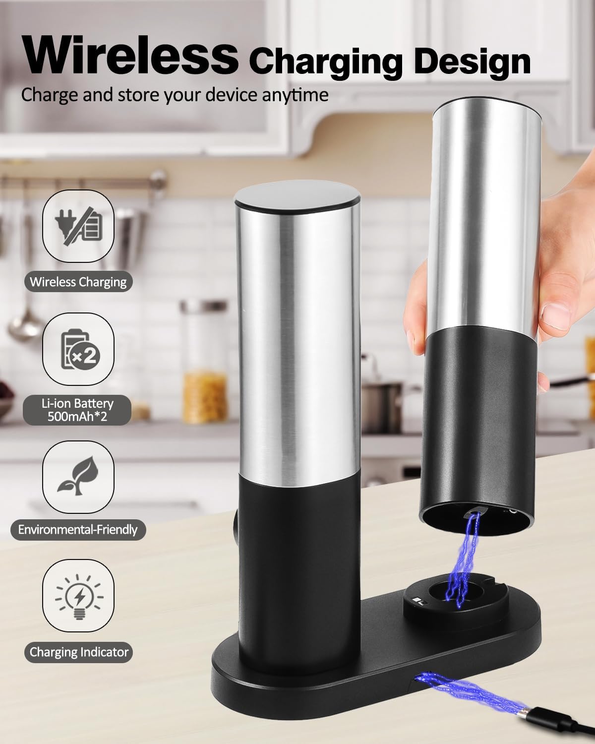 Set 2 Rasnite electrice sare, piper sau alte condiment, control pentru finetea macinarii, stand incarcare, camere depozitare transparente, Lumina LED, reincarcabile, din otel inoxidabil, pentru bucatarie si gratar